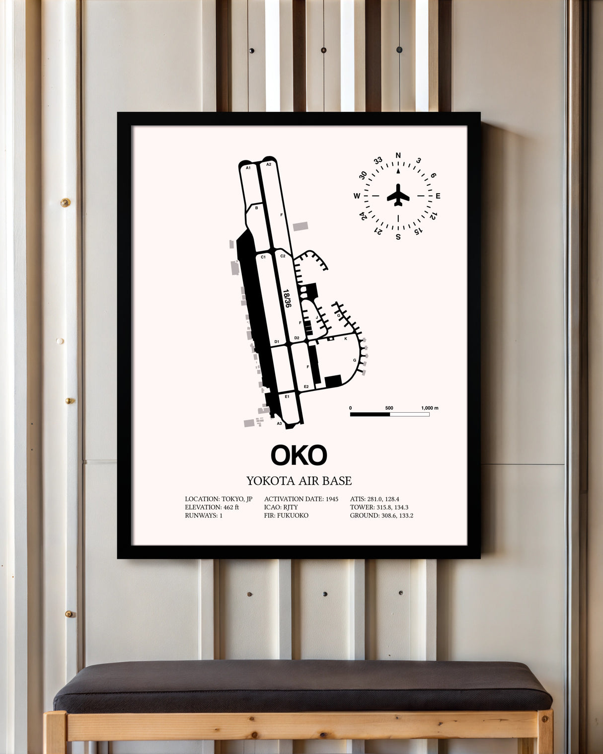 Yokota Air Base framed poster displayed in an airplane hangar