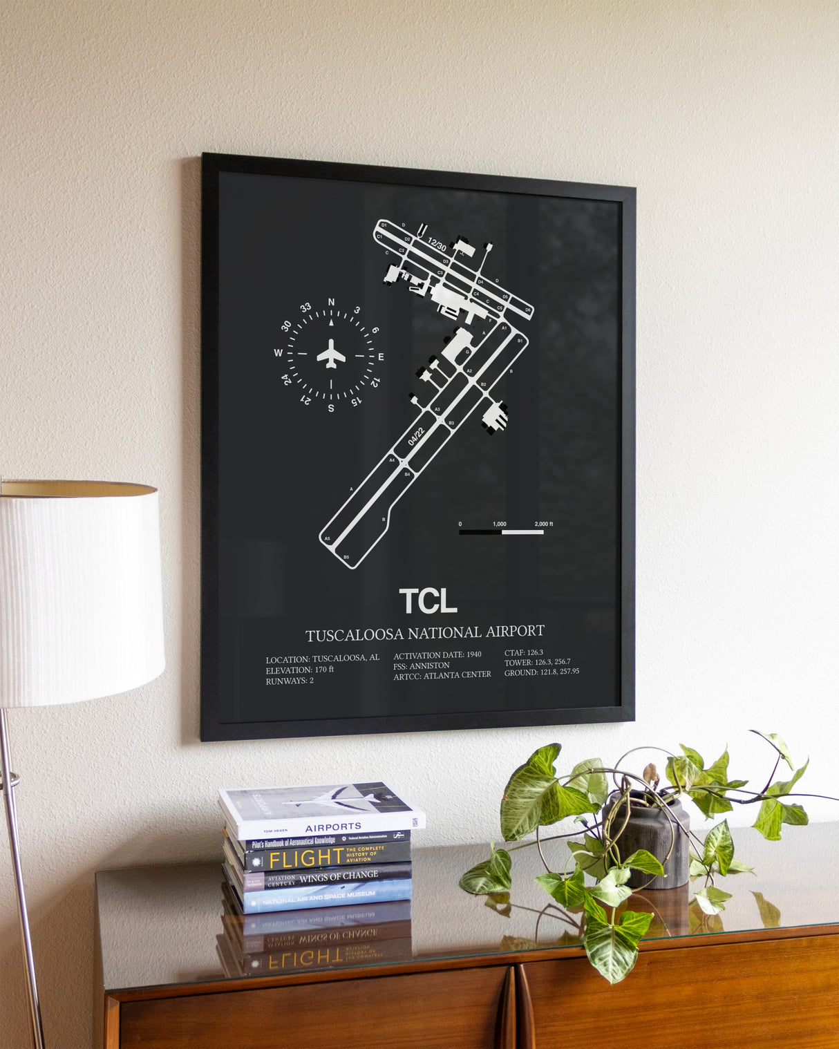 Gray Framed Tuscaloosa National Airport wall art poster in black frame