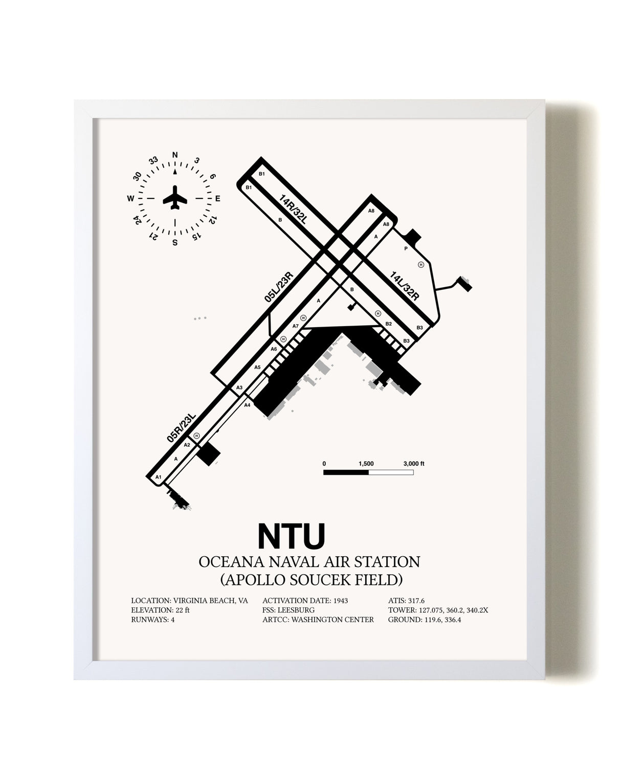 Oceana Naval Air Station (Apollo Soucek Field) airport map poster in oak frame