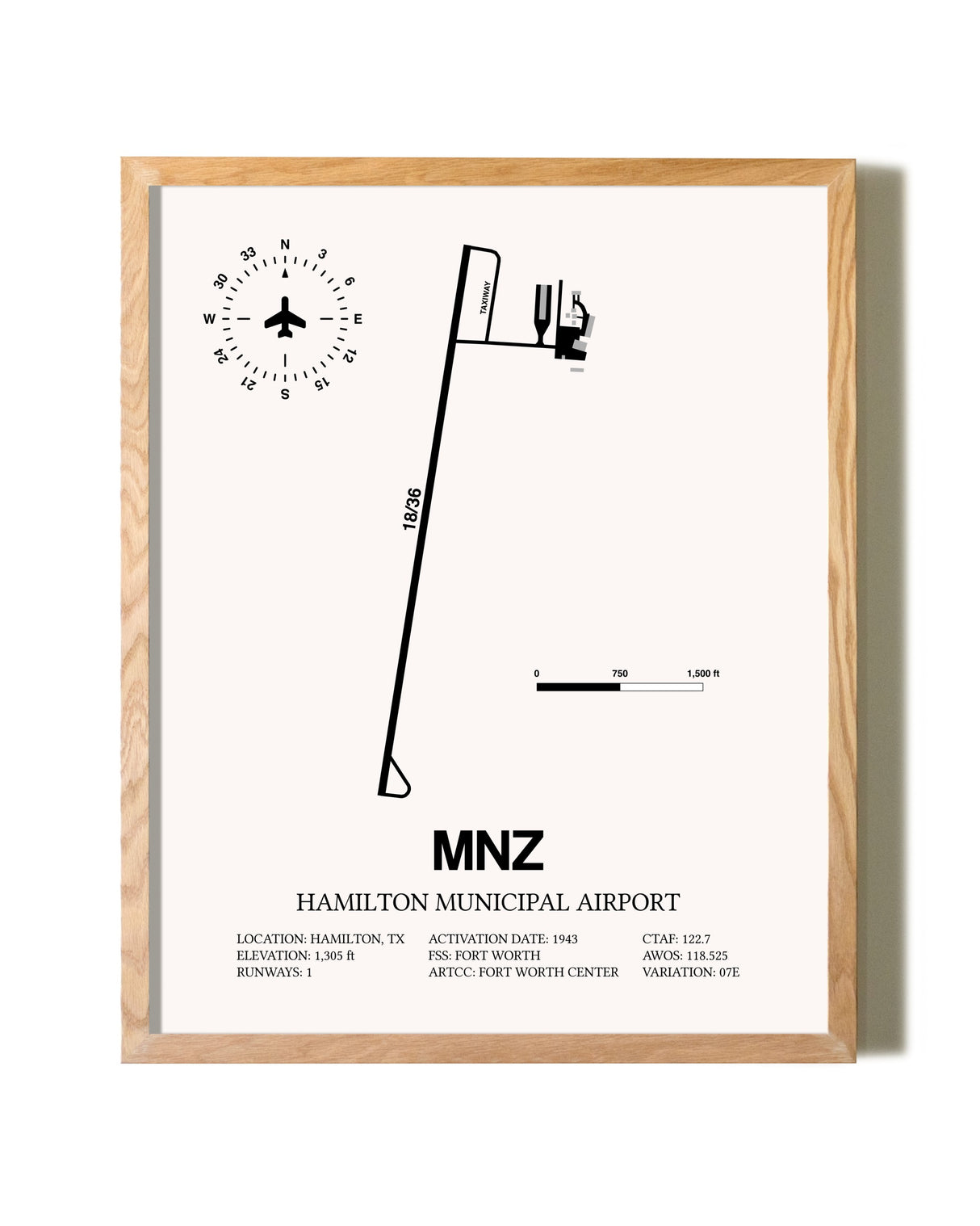 Hamilton Municipal Airport framed print in natural wood frame