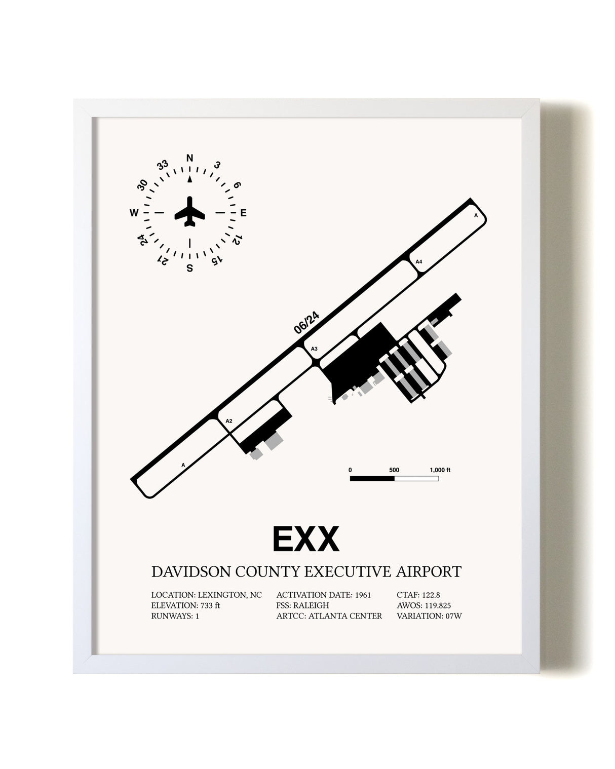 Davidson County Executive Airport airport map poster in oak frame