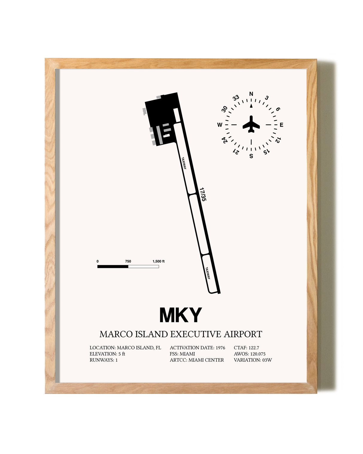 Marco Island Executive Airport framed print in natural wood frame