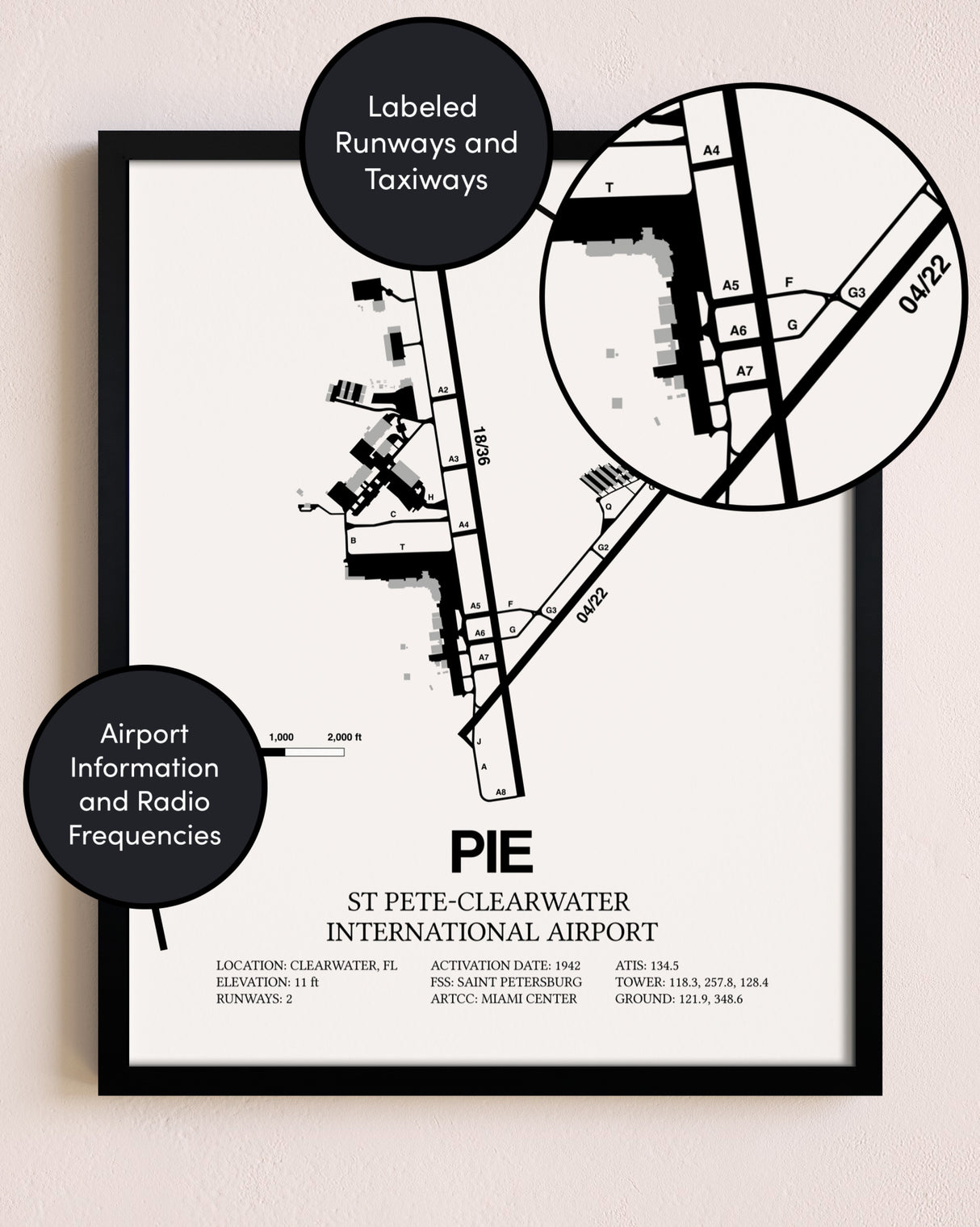 Framed St. Pete-Clearwater International Airport layout wall art poster