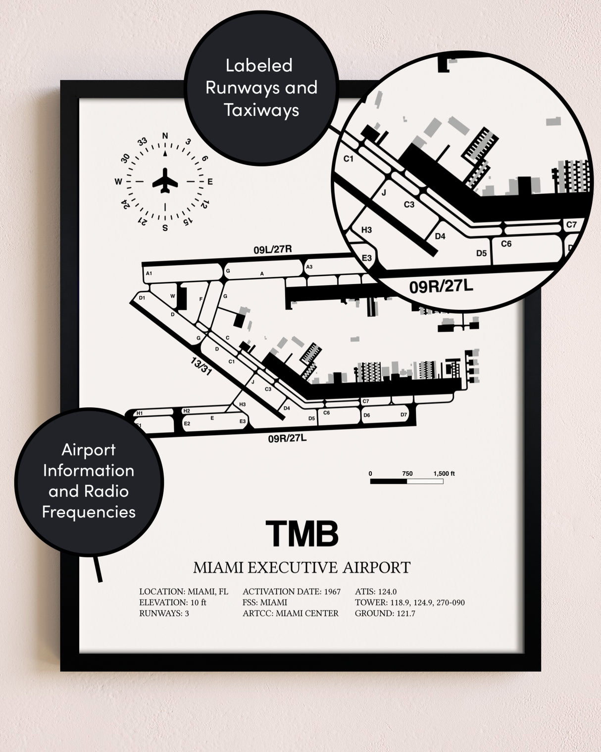 Framed Miami Executive Airport layout wall art poster