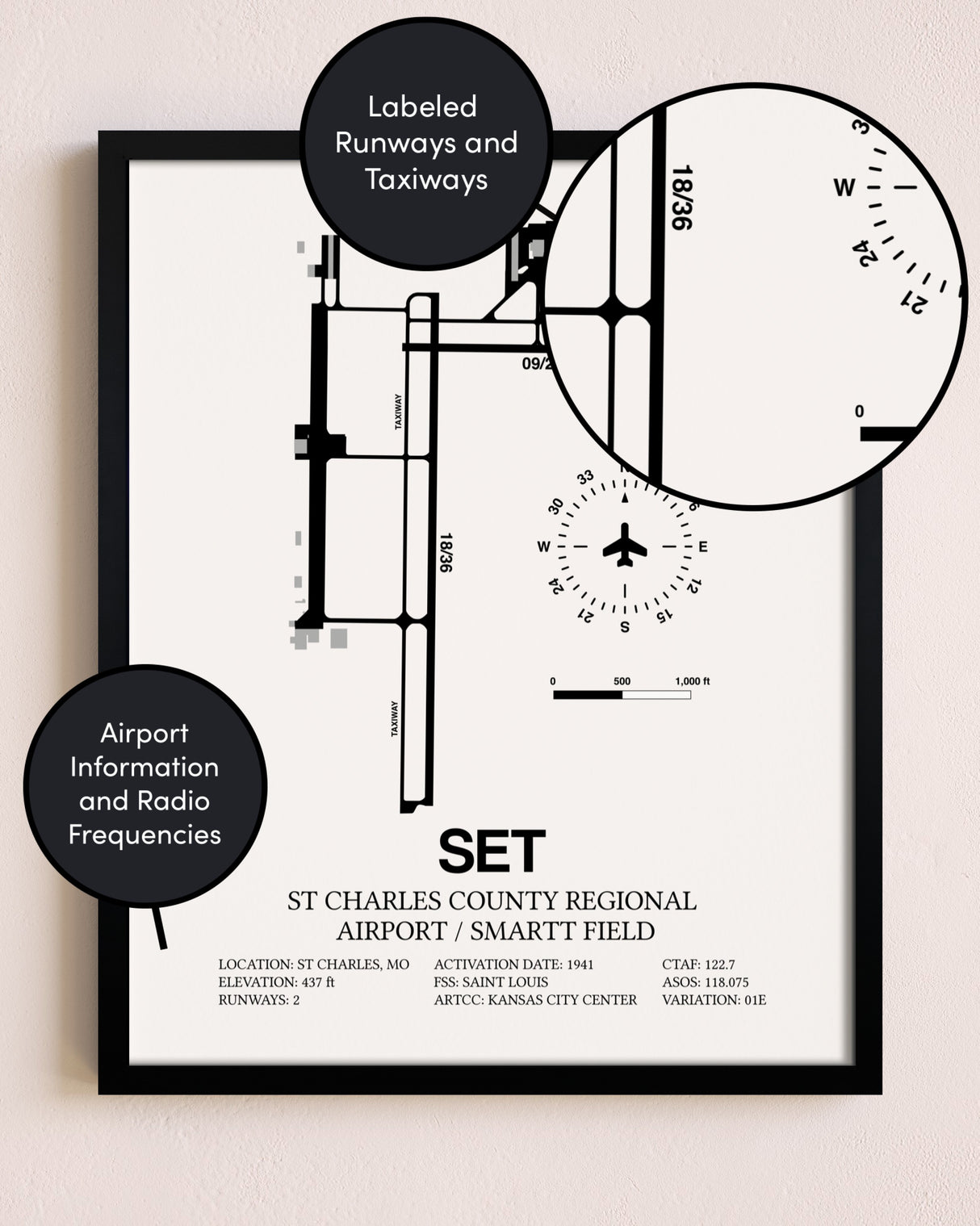 Framed St. Charles County Regional Airport / Smartt Field layout wall art poster