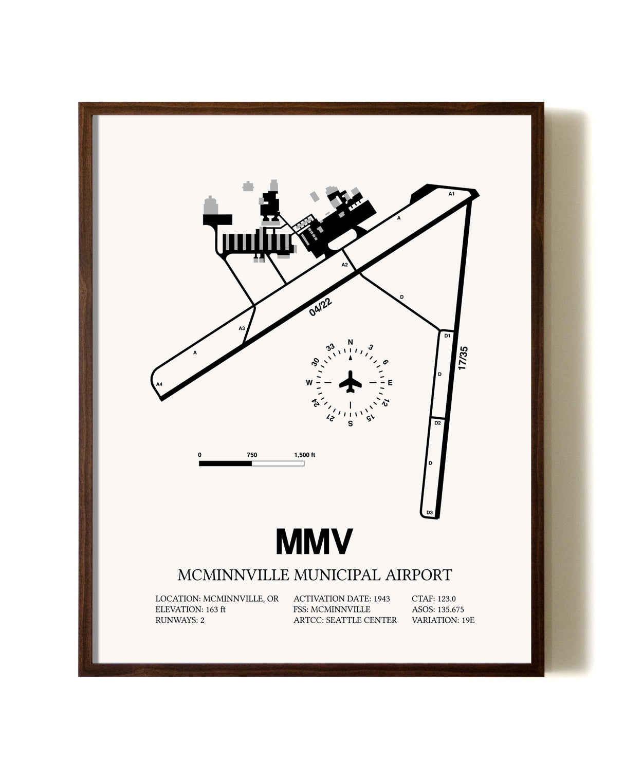 McMinnville Municipal Airport aviation print in walnut frame