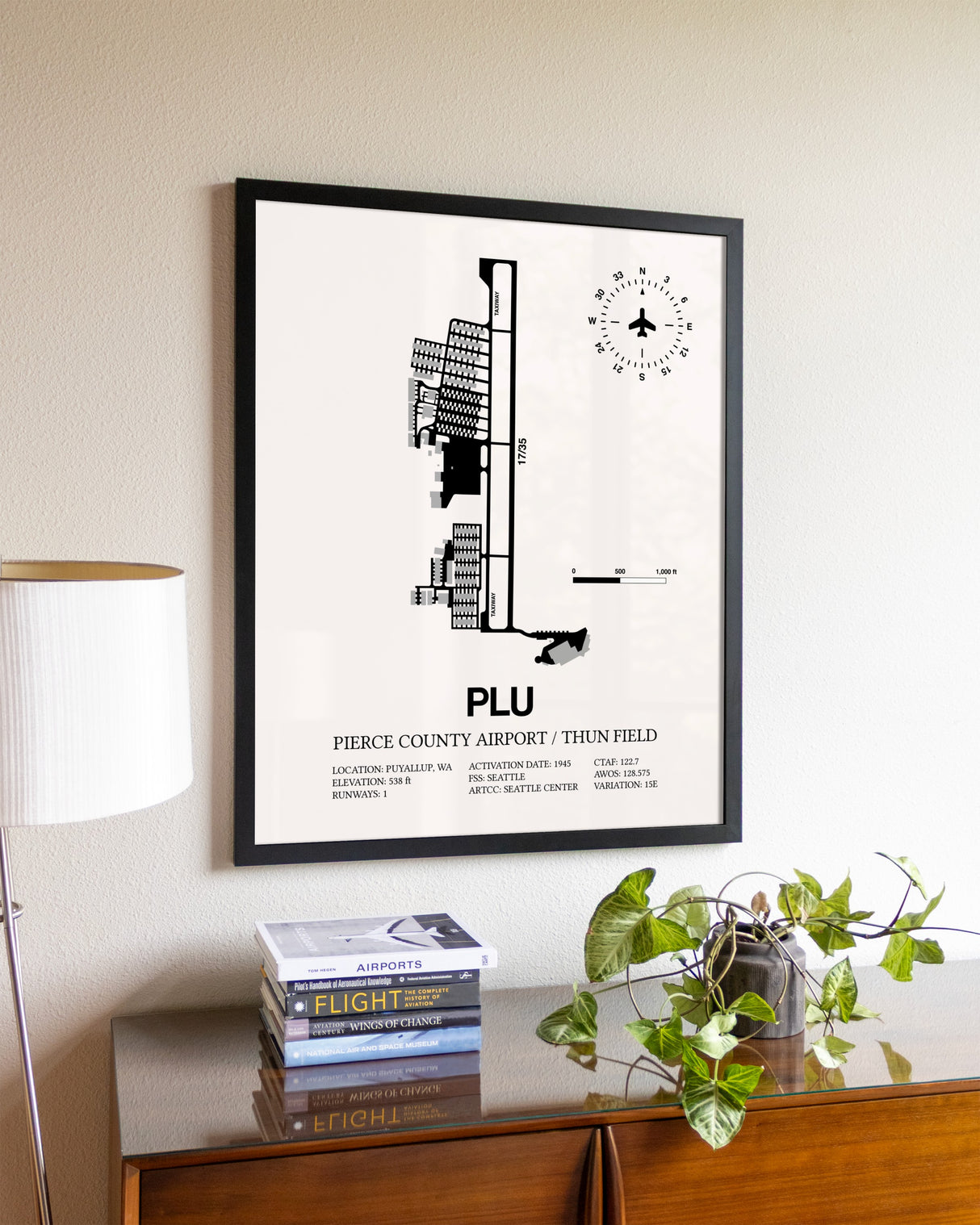 Pierce County Airport / Thun Field aviation wall décor in black wood frame