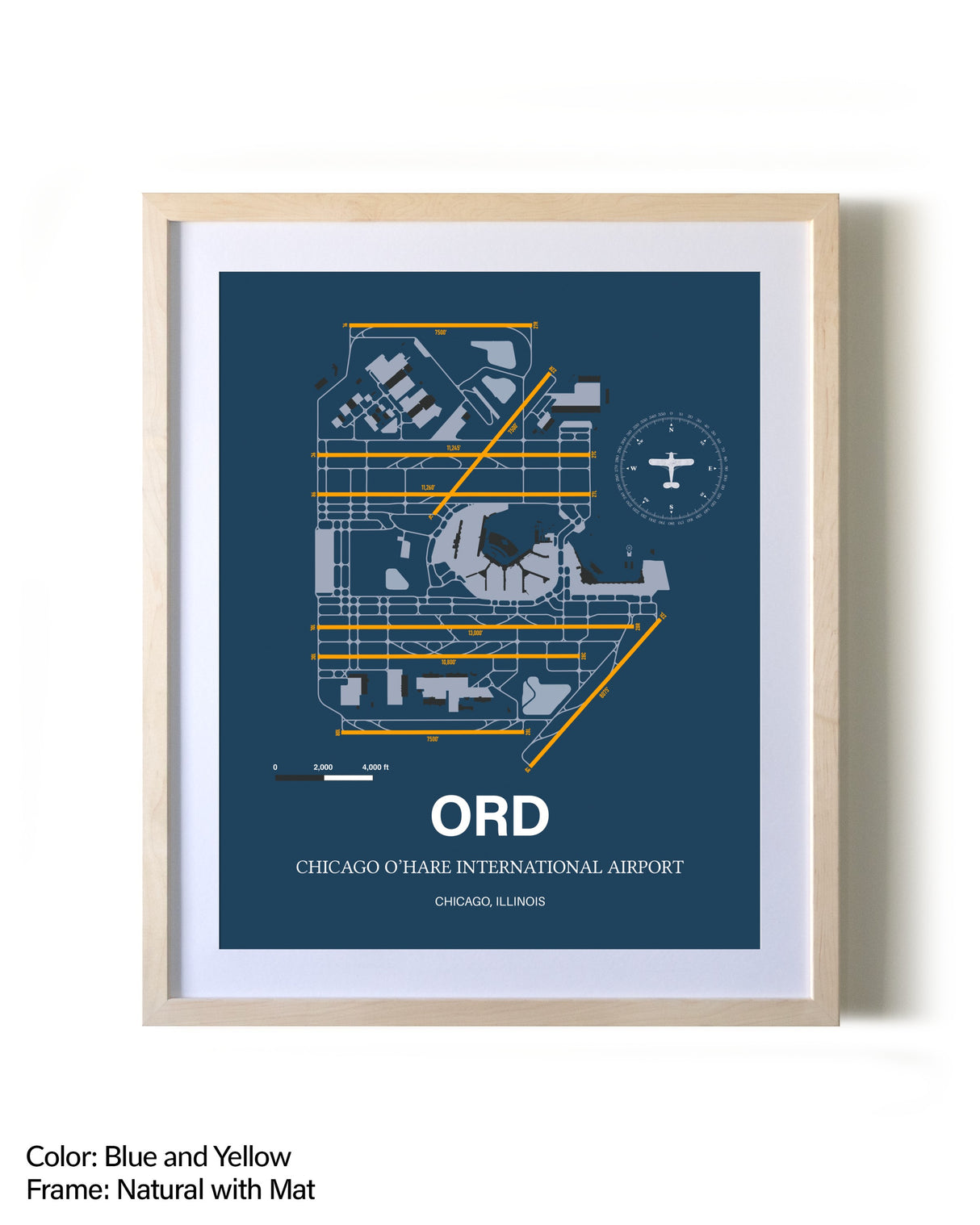 Chicago O'Hare International Airport framed print in natural wood frame with mat