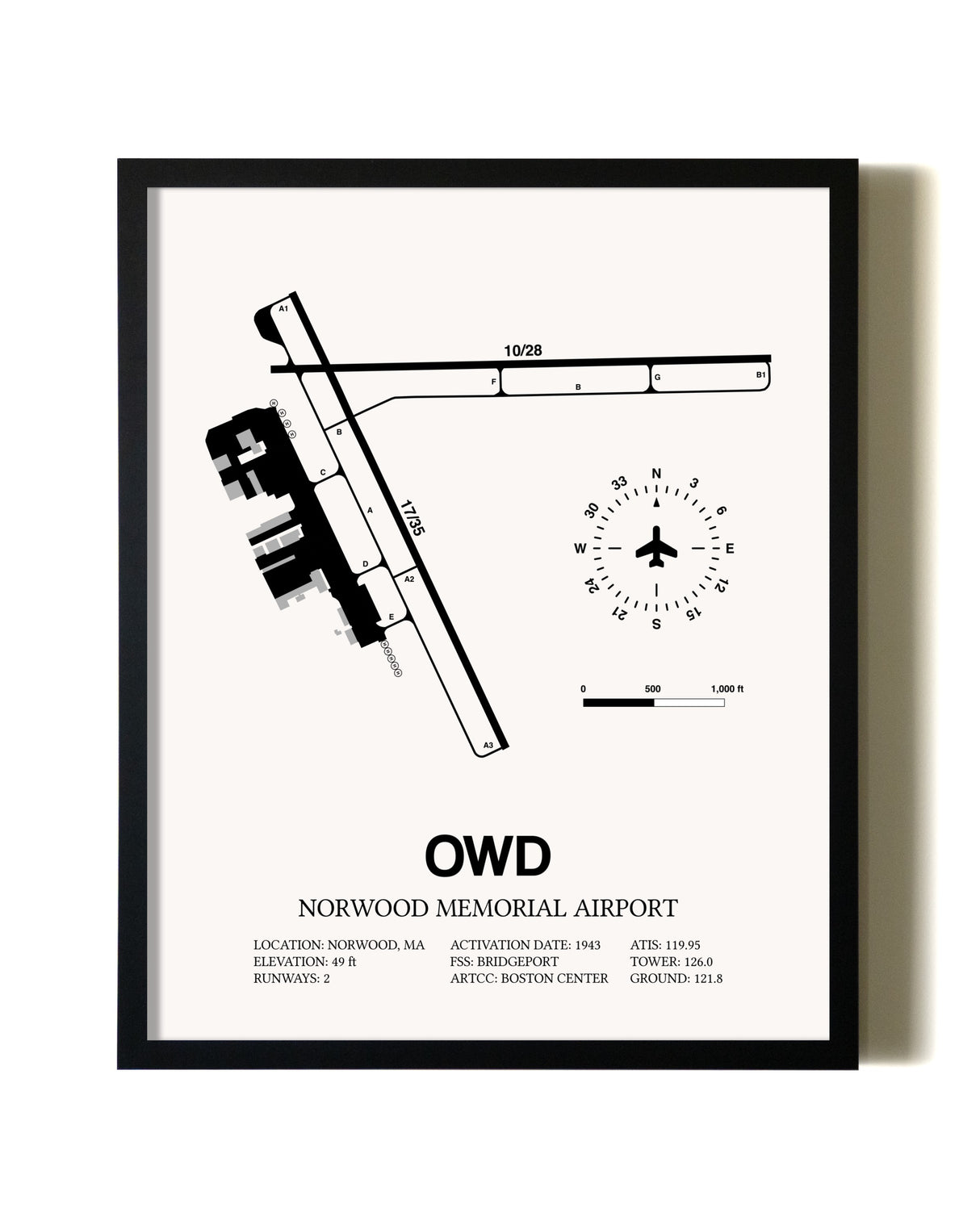 Framed Norwood Memorial Airport wall art poster in black frame