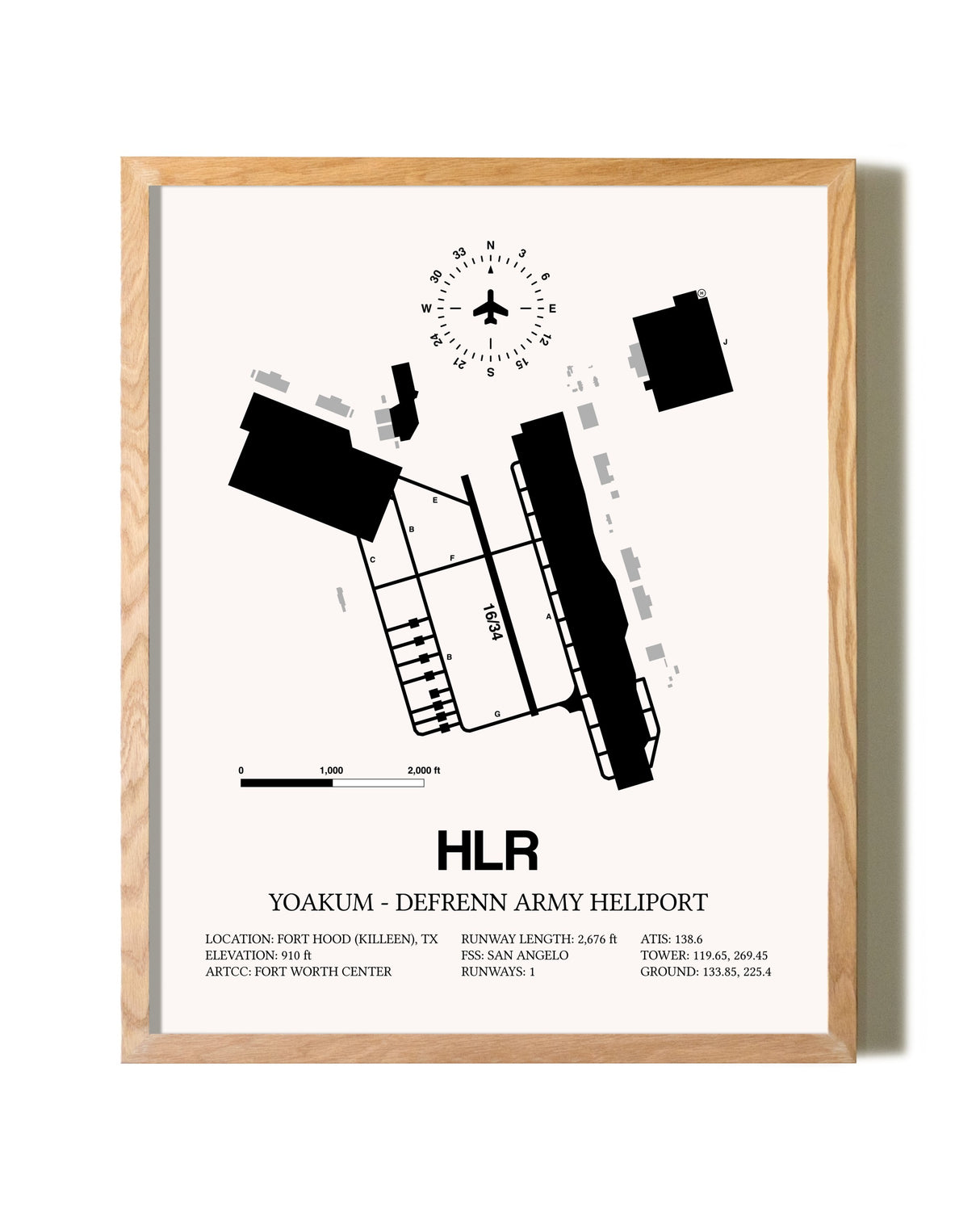 Yoakum-Defrenn Army Heliport framed print in natural wood frame