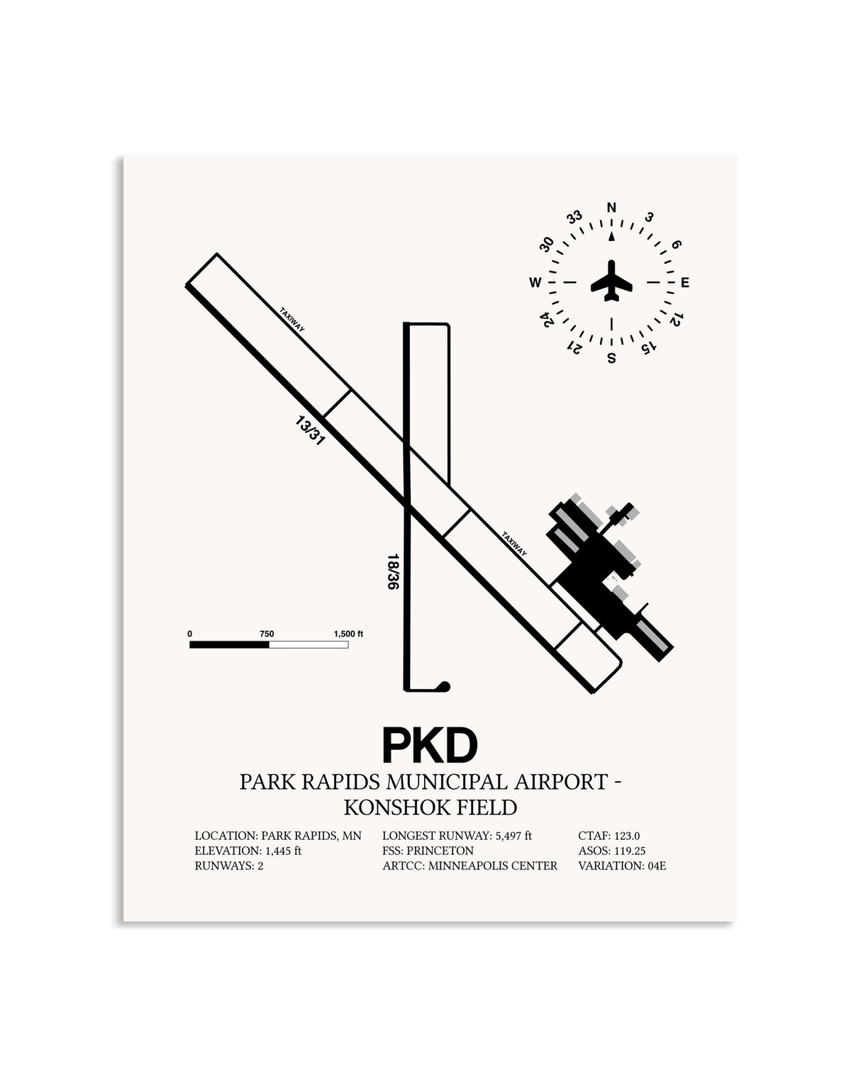 Gray Park Rapids Municipal Airport-Konshok Field framed poster displayed in an airplane hangar