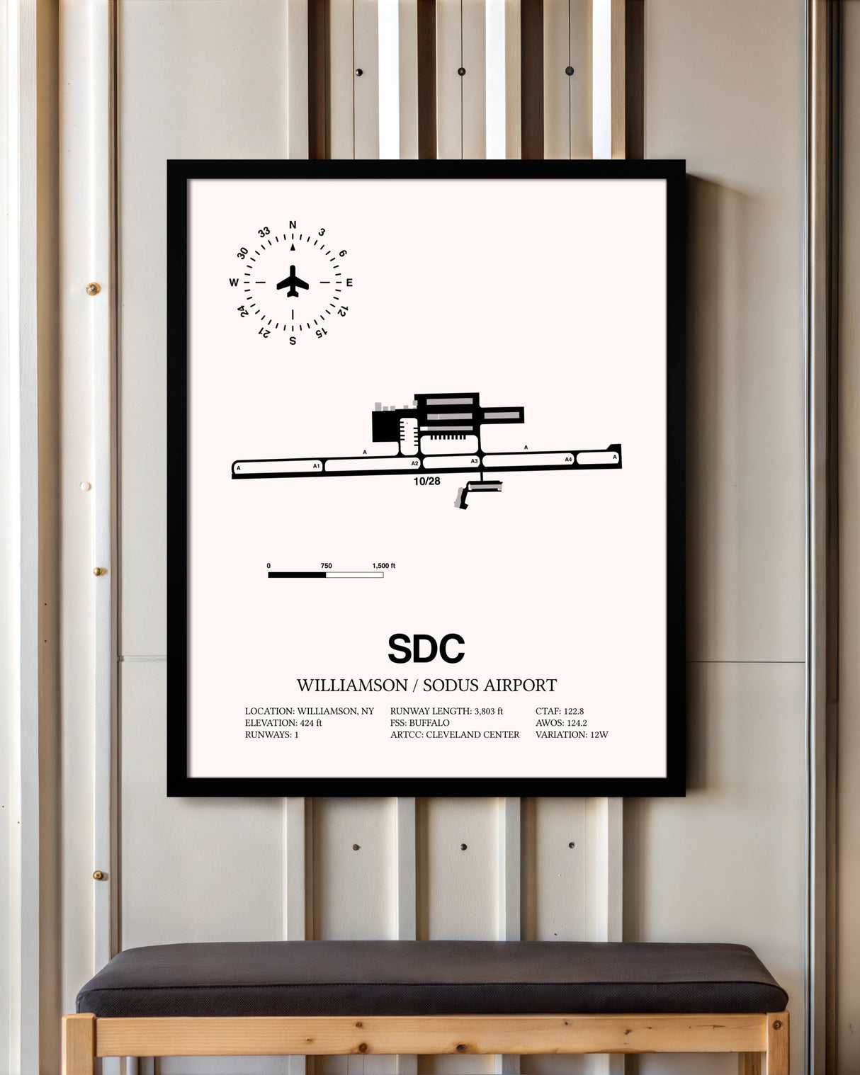 Williamson / Sodus Airport framed poster displayed in an airplane hangar