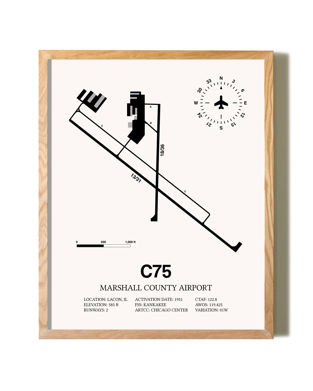 Marshall County Airport framed print in natural wood frame