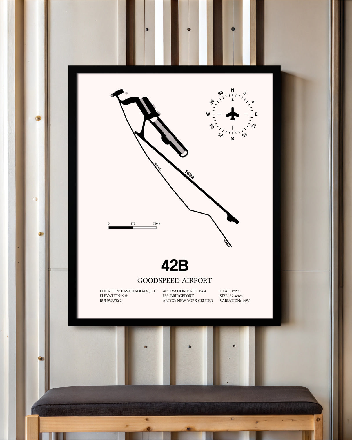 Goodspeed Airport framed poster displayed in an airplane hangar