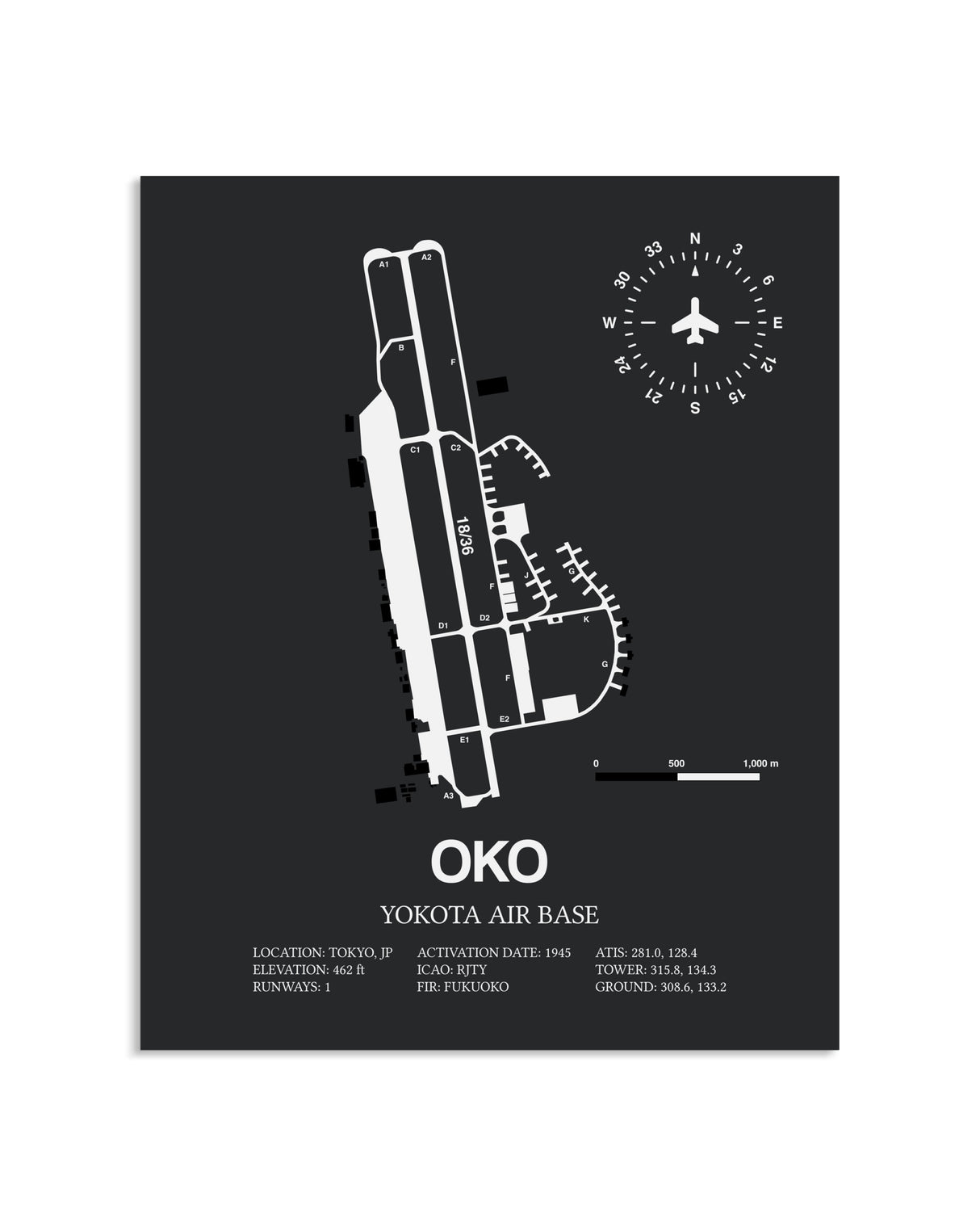 Gray Framed Yokota Air Base layout wall art poster