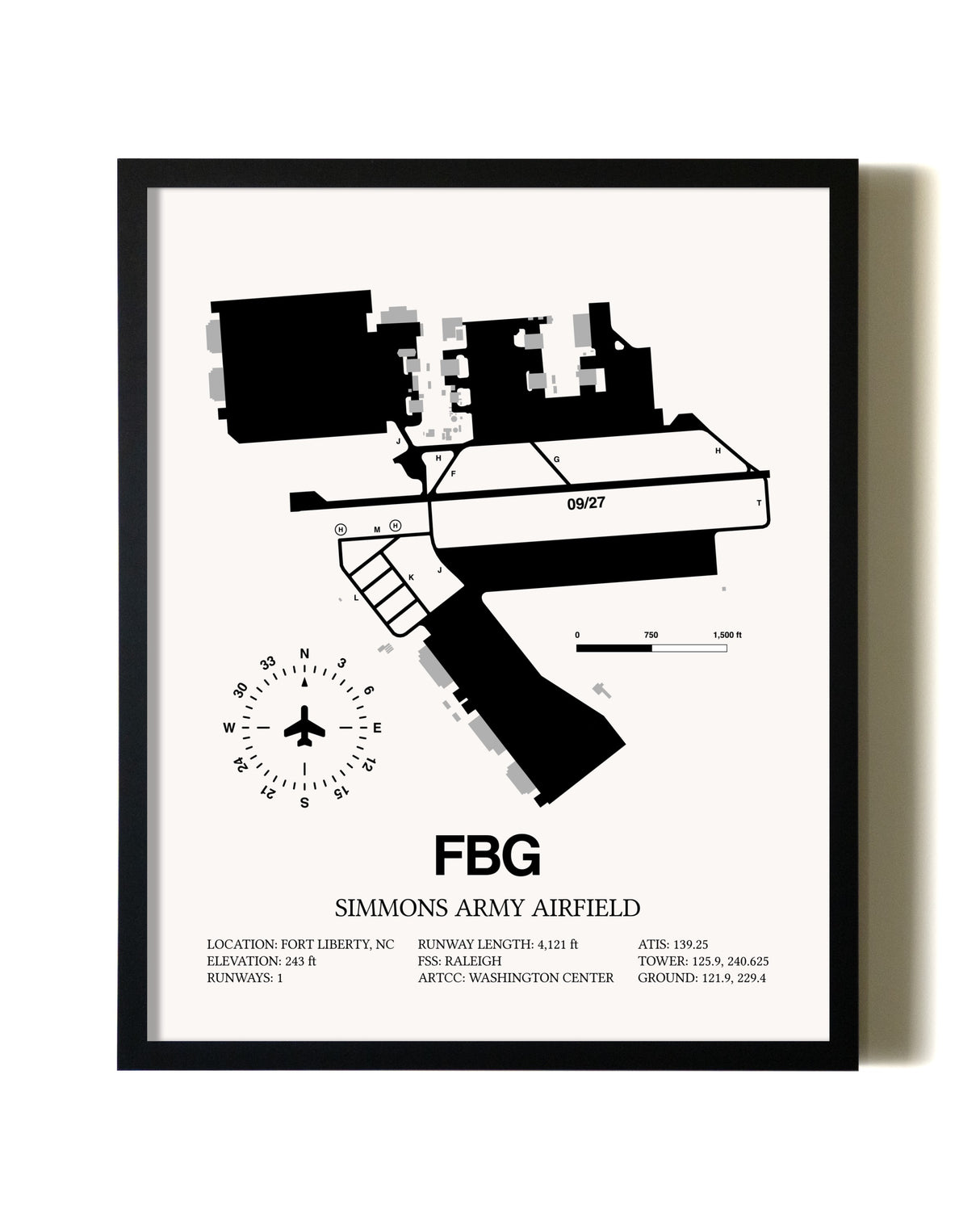 Framed Simmons Army Airfield wall art poster in black frame