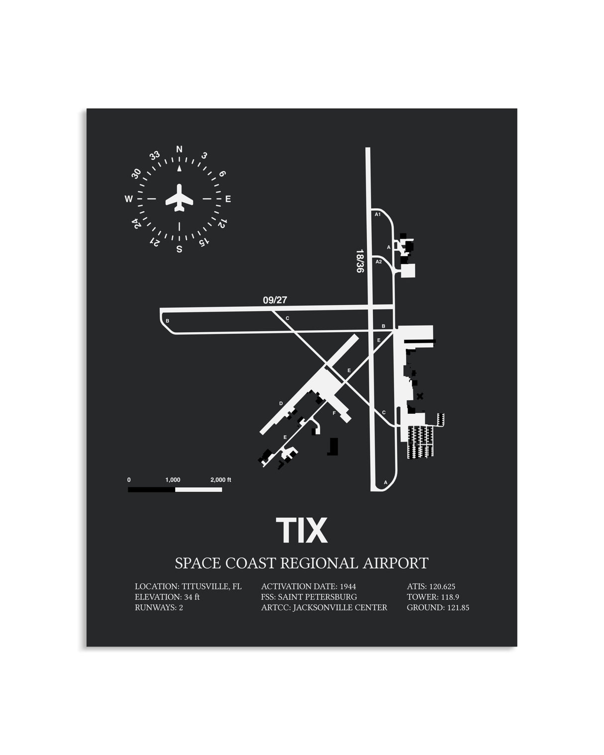 Gray Framed Space Coast Regional Airport layout wall art poster