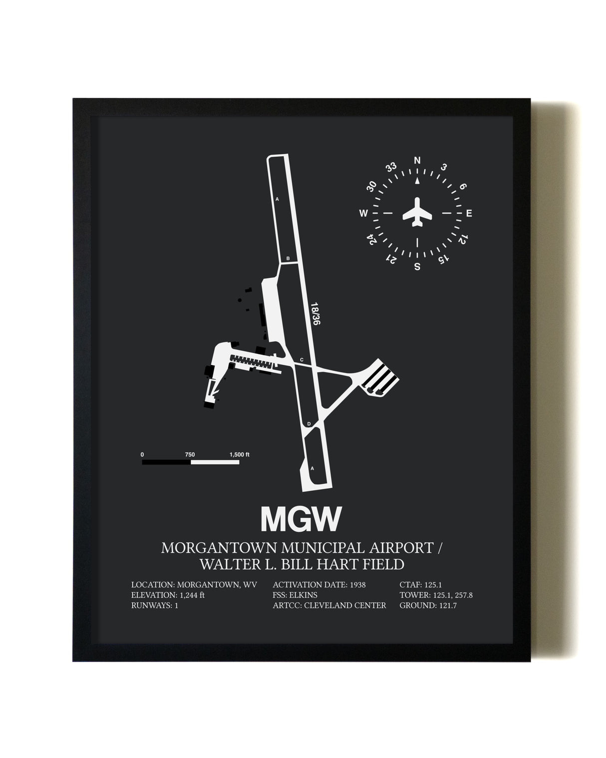 Unframed Morgantown Municipal Airport / Walter L. Bill Hart Field map print poster