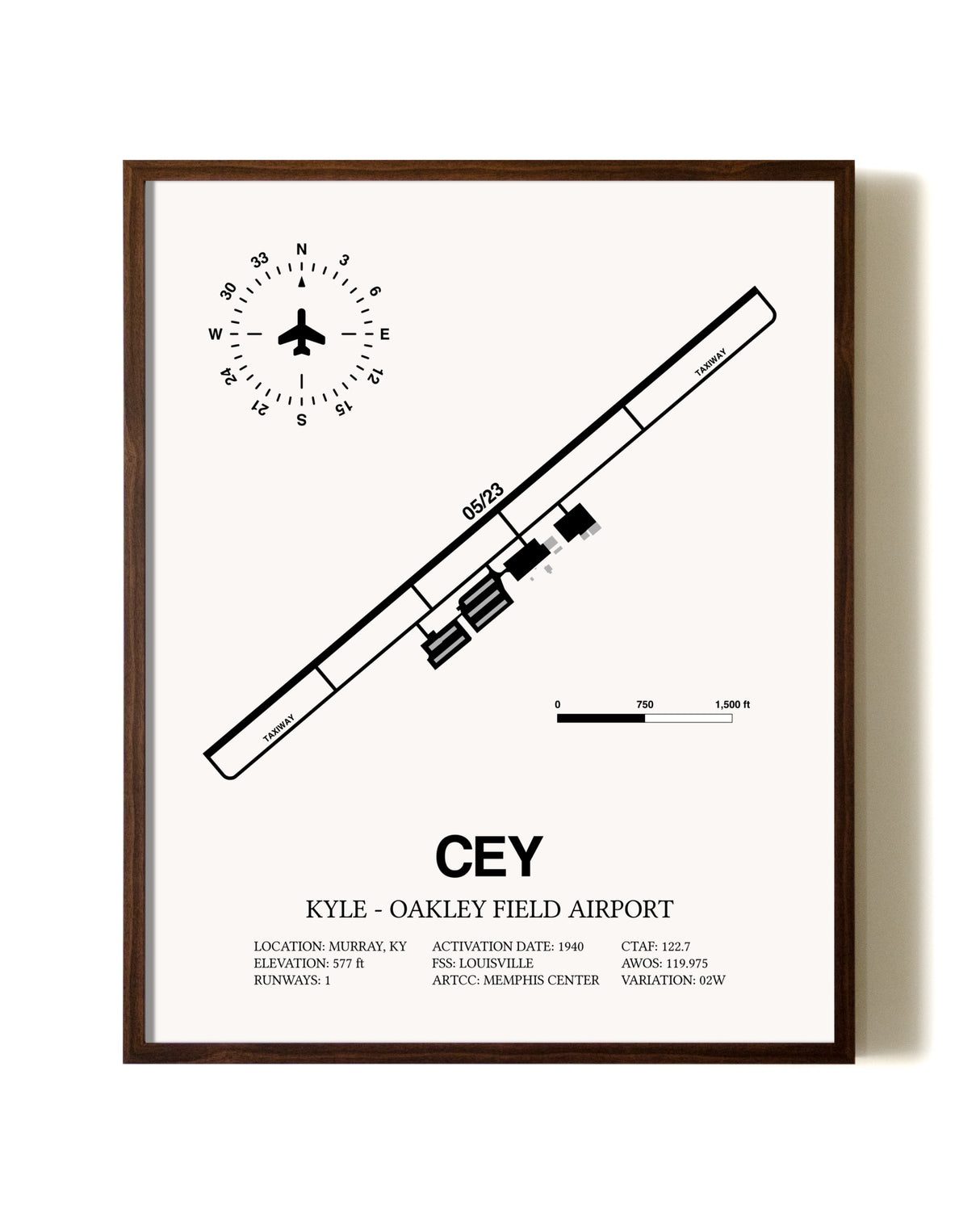 Kyle-Oakley Field Airport aviation print in walnut frame