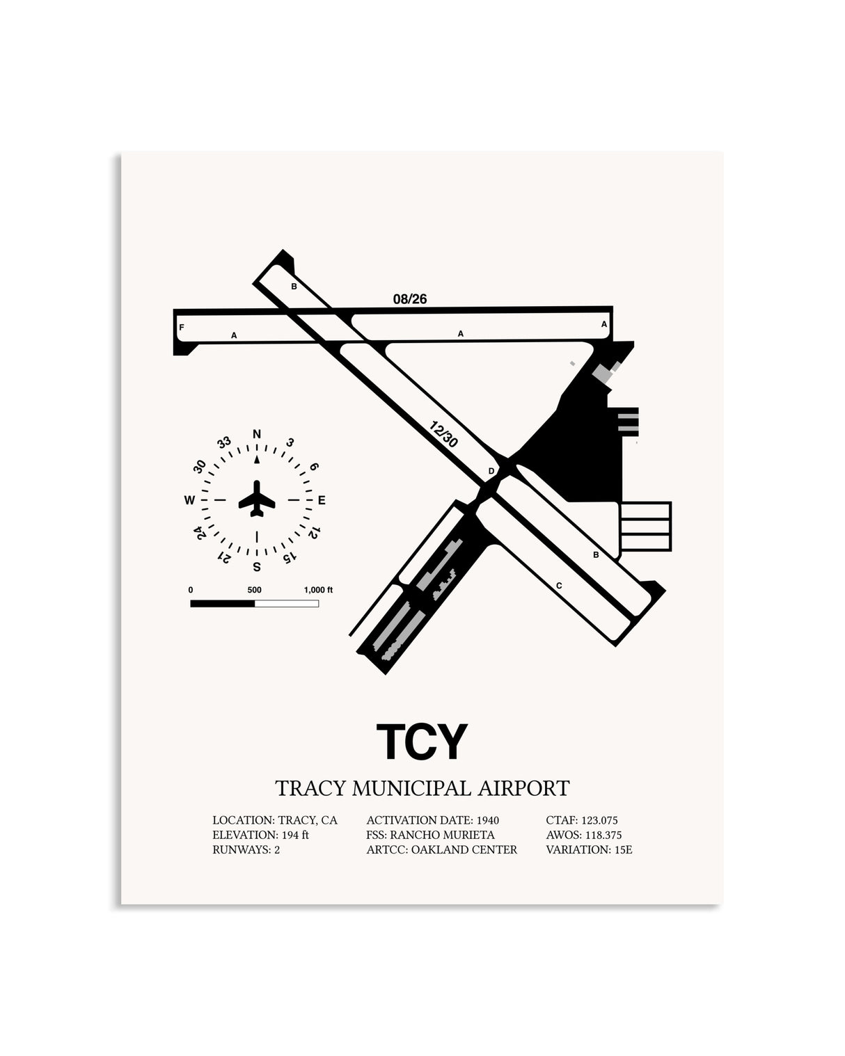Gray Tracy Municipal Airport framed poster displayed in an airplane hangar