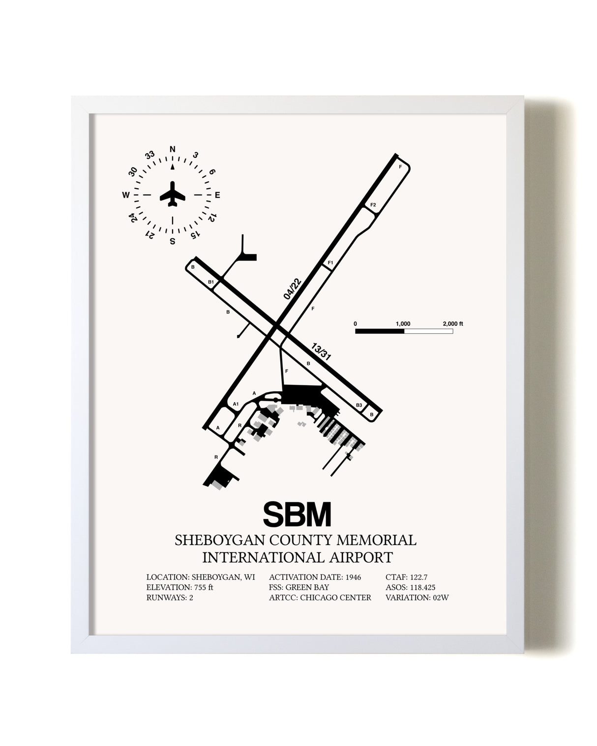 Sheboygan County Memorial International Airport airport map poster in oak frame