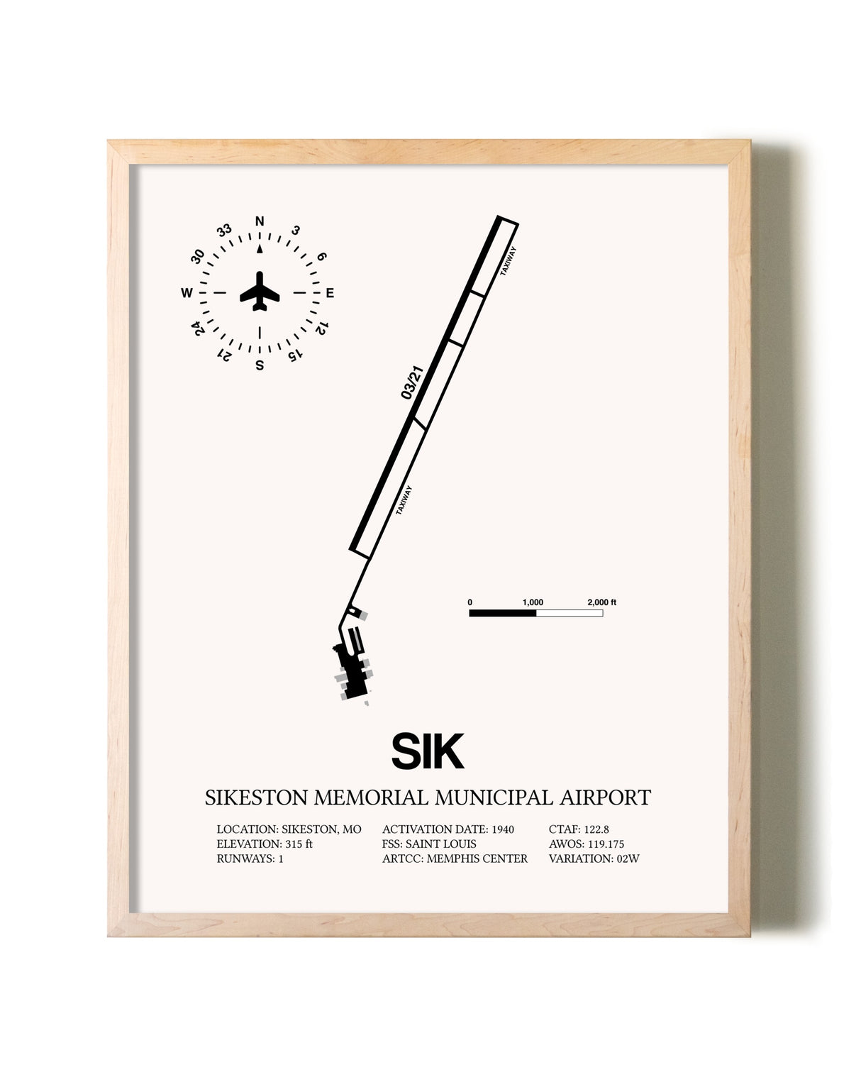 Sikeston Memorial Municipal Airport framed wall art in white frame