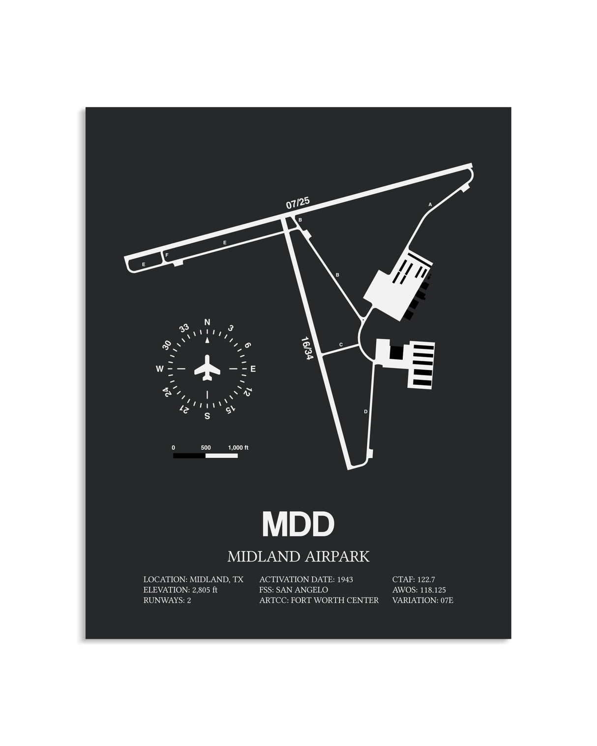 Gray Framed Midland Airpark layout wall art poster