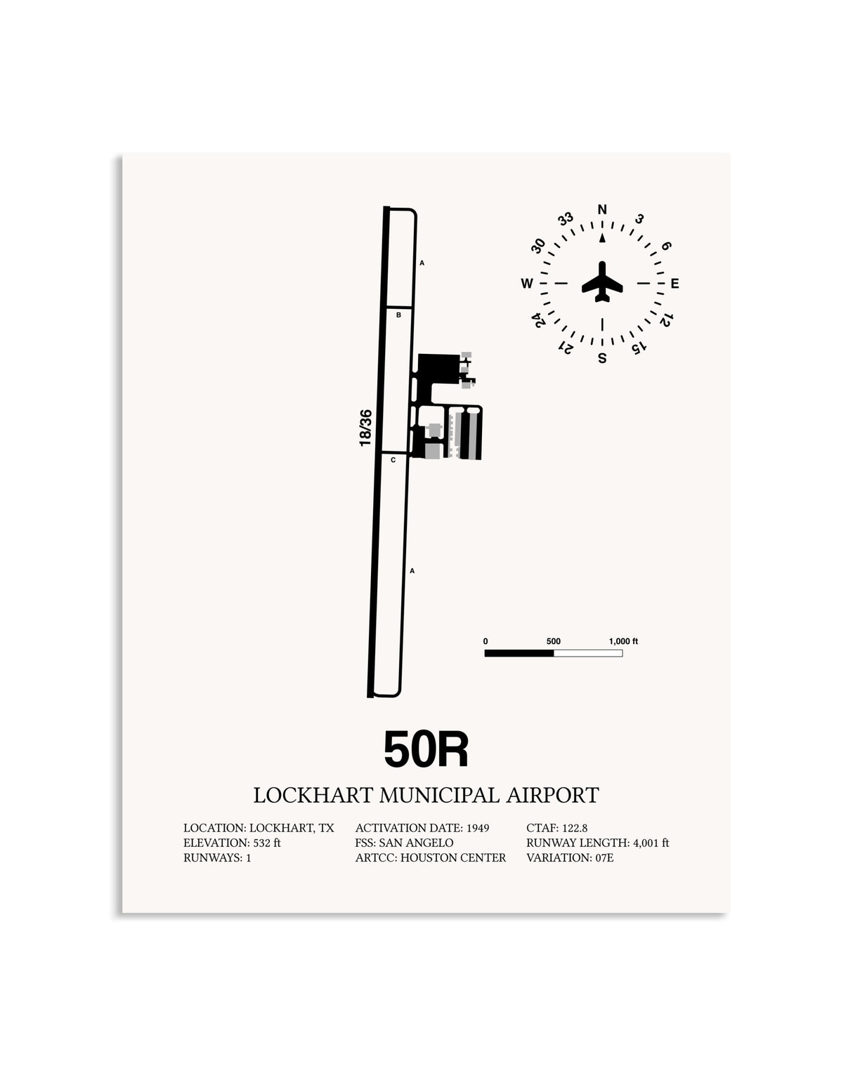 Gray Lockhart Municipal Airport framed poster displayed in an airplane hangar