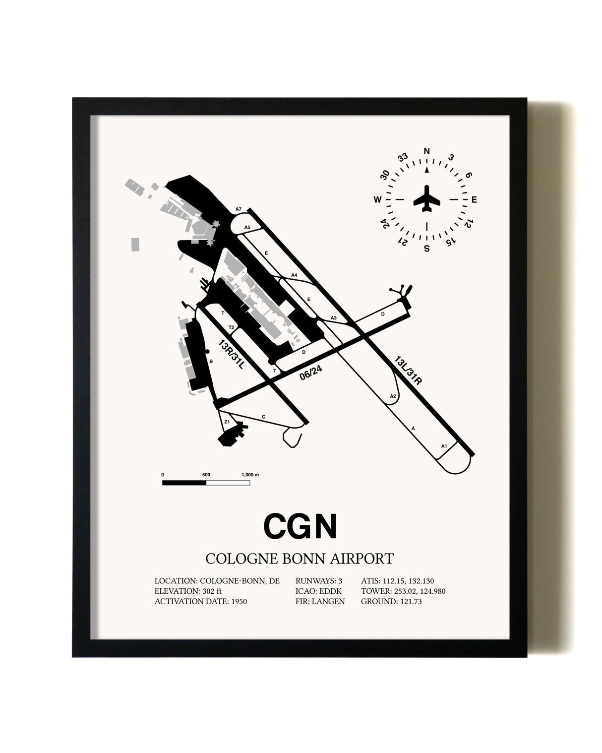 Framed Cologne Bonn Airport wall art poster in black frame