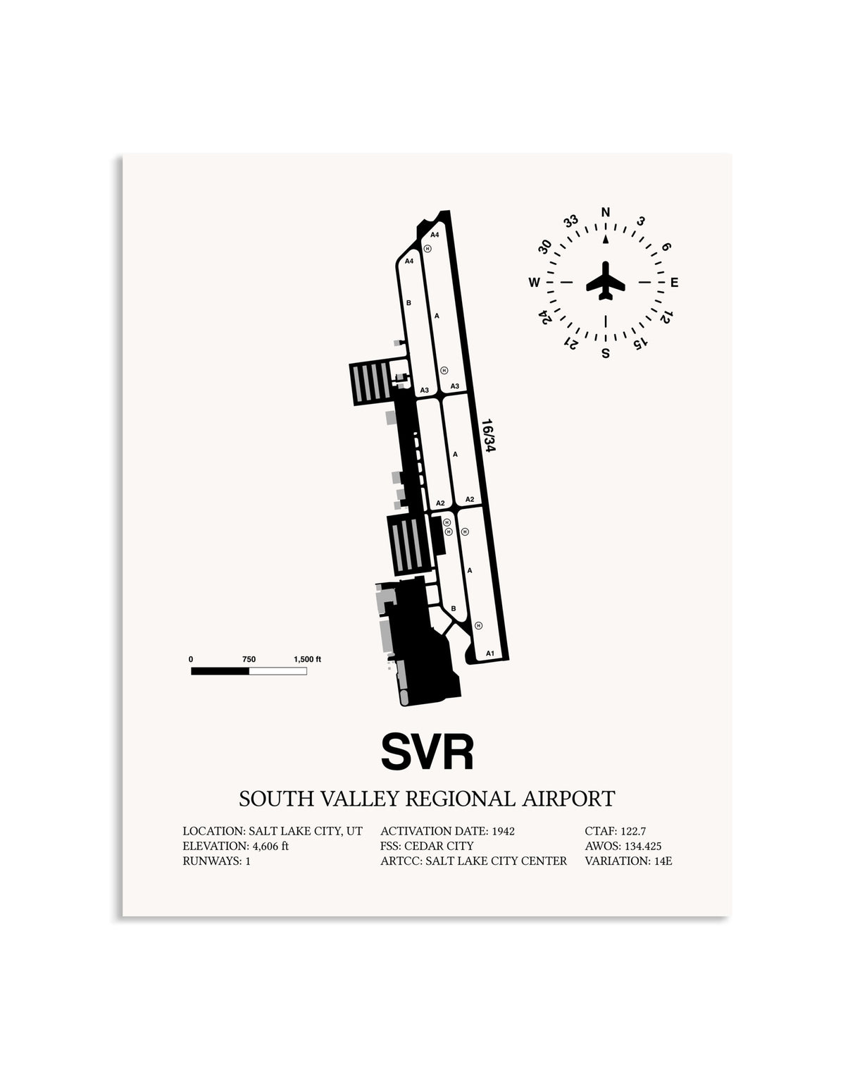 Gray South Valley Regional Airport framed poster displayed in an airplane hangar