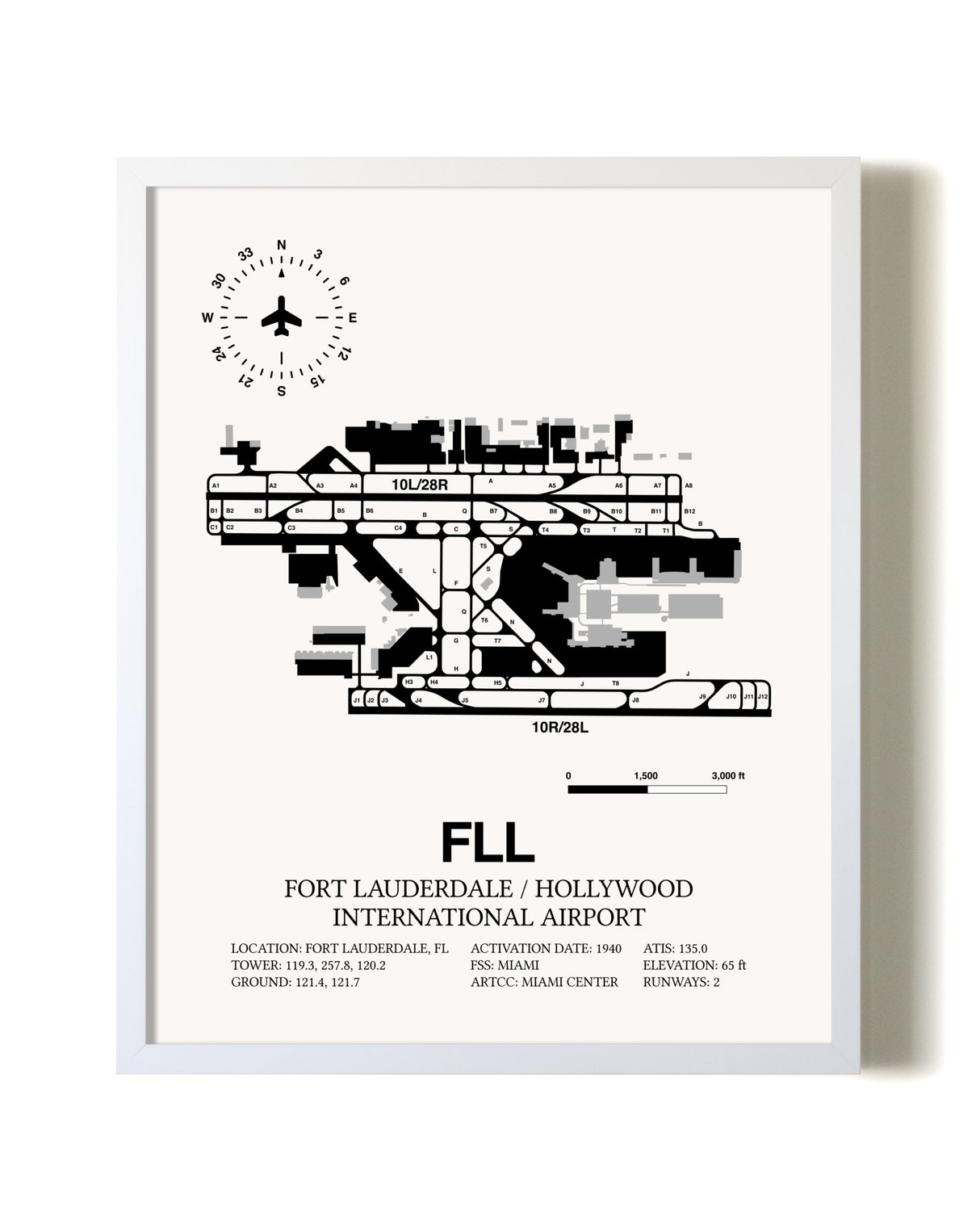 Fort Lauderdale / Hollywood International Airport airport map poster in oak frame