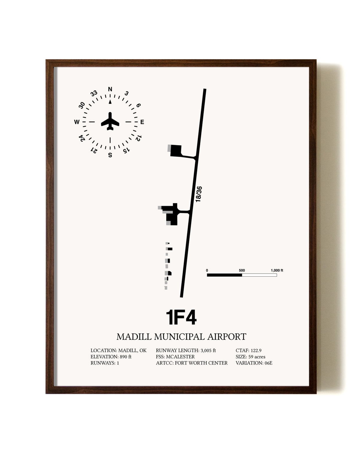 Madill Municipal Airport aviation print in walnut frame