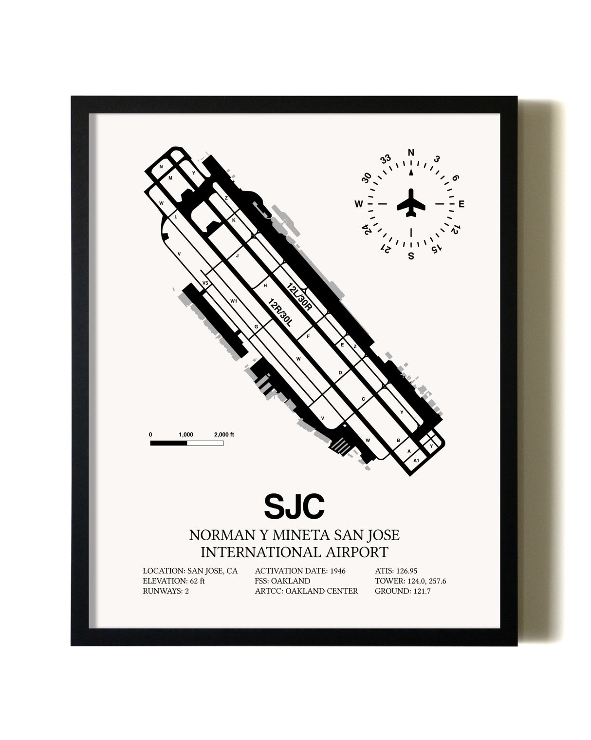 Framed San Jose Mineta International Airport wall art poster in black frame
