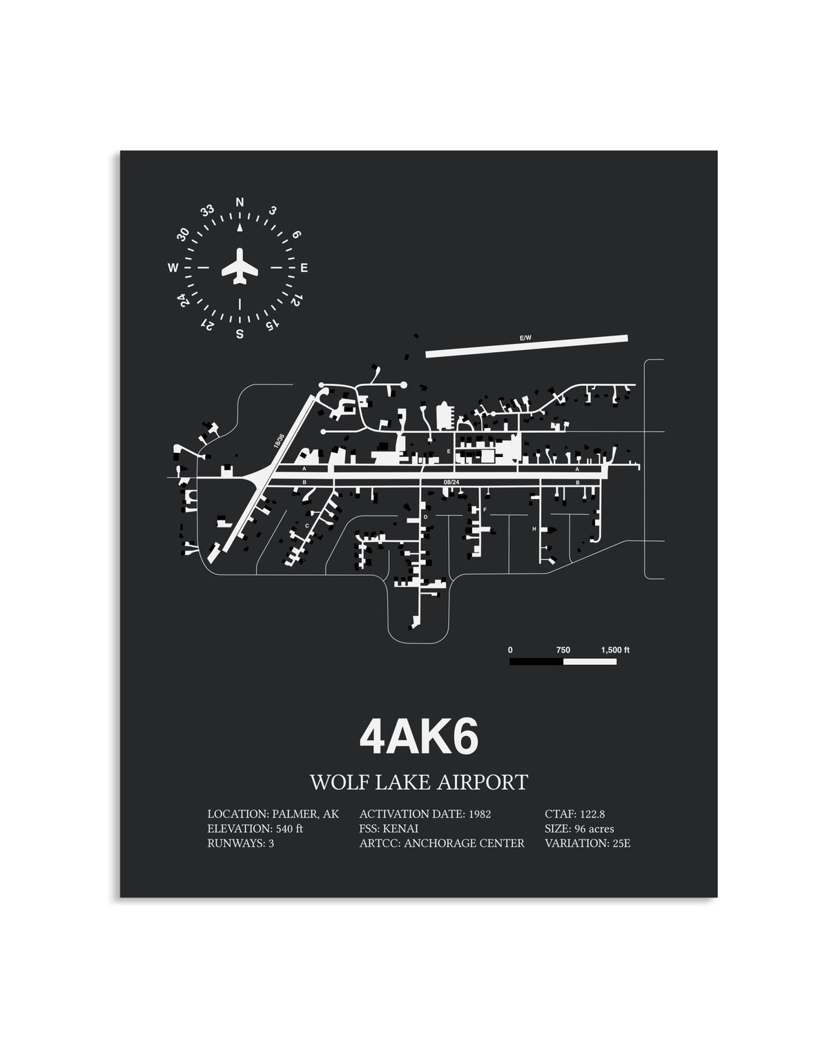 Gray Framed Wolf Lake Airport layout wall art poster