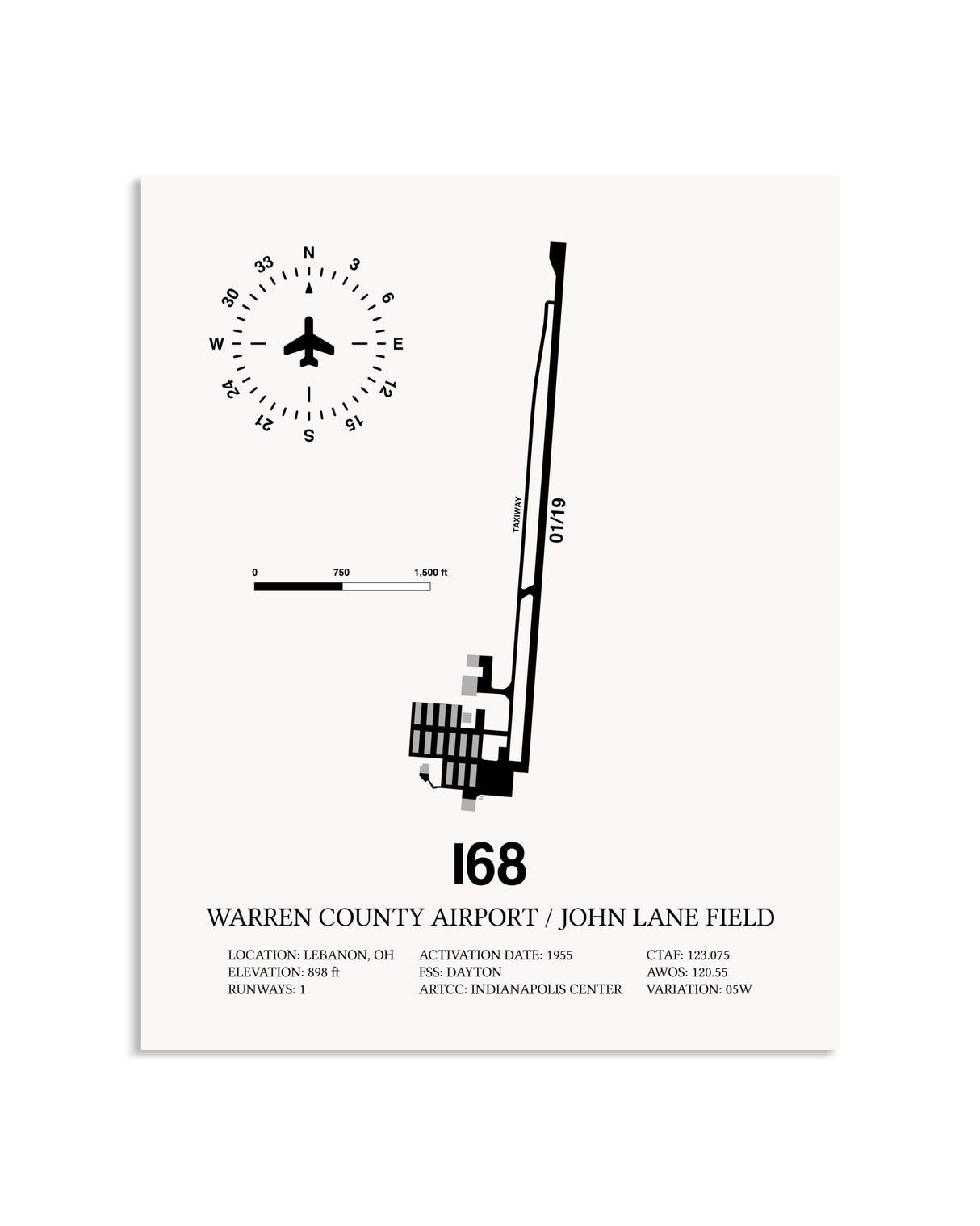 Gray Warren County Airport / John Lane Field framed poster displayed in an airplane hangar