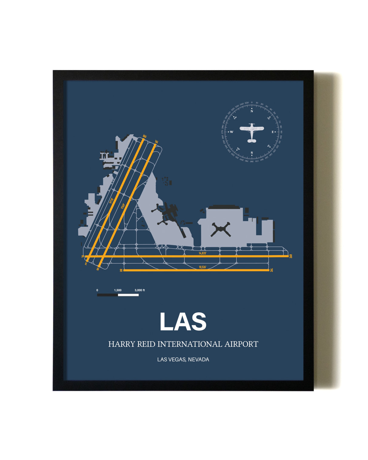 Blue and Yellow Framed Harry Reid International Airport wall art poster in black frame