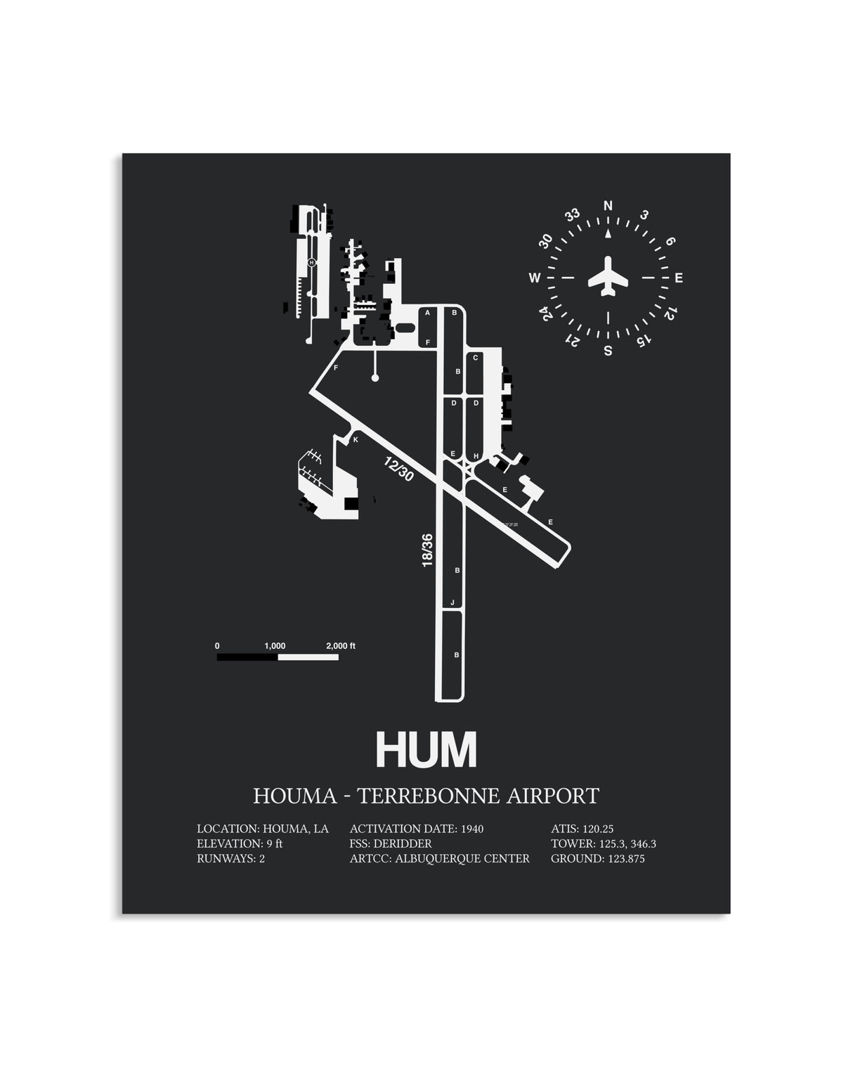 Gray Framed Houma-Terrebonne Airport layout wall art poster