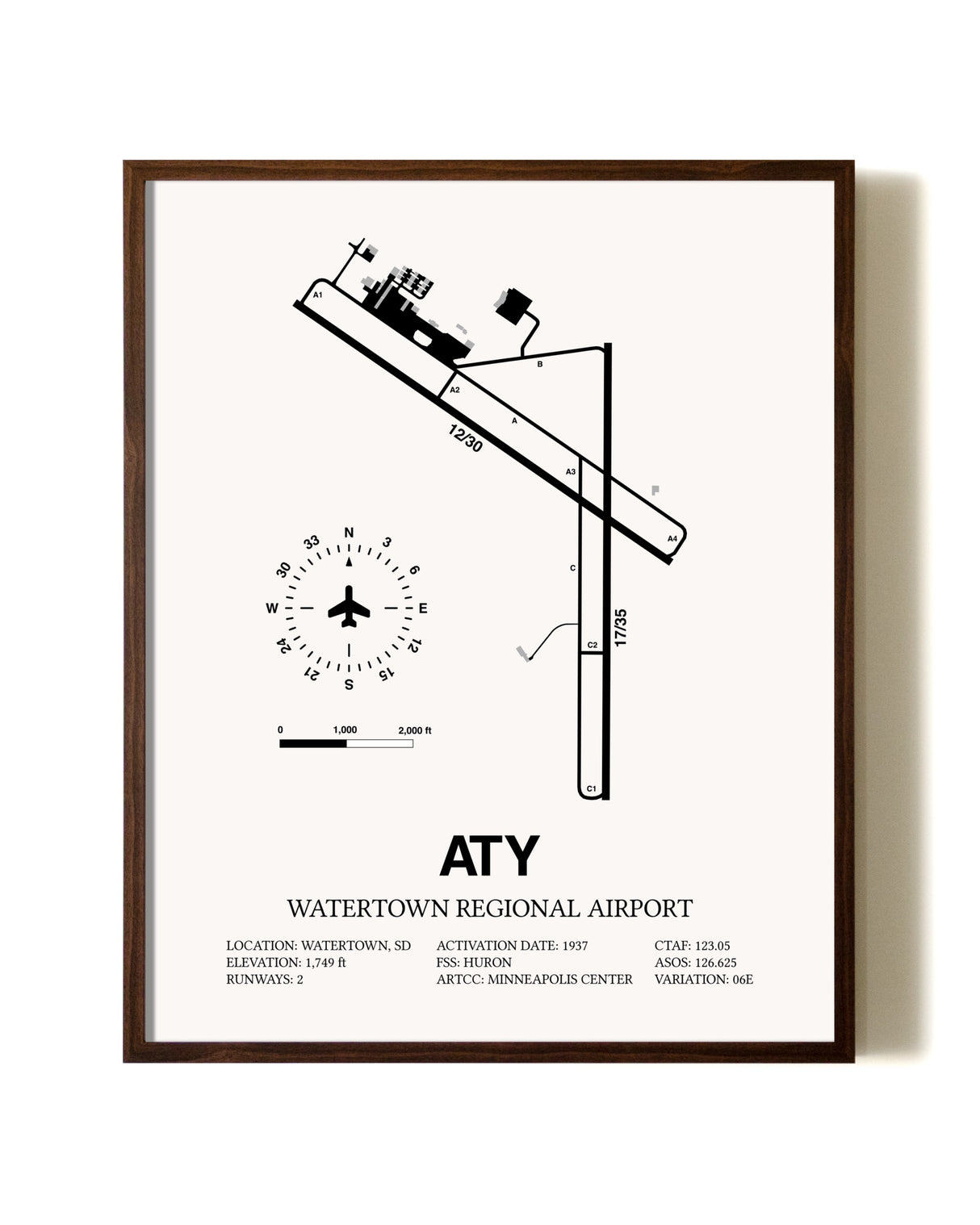 Watertown Regional Airport aviation print in walnut frame