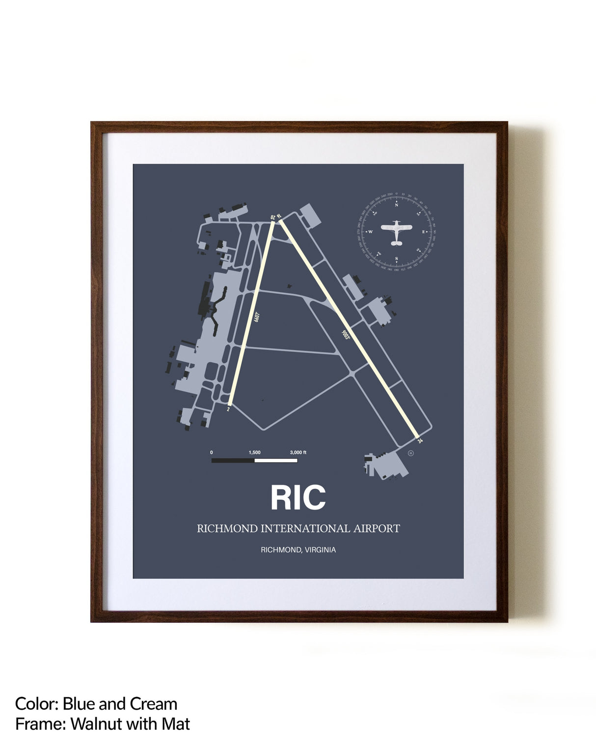 Richmond International Airport aviation print in walnut frame with mat