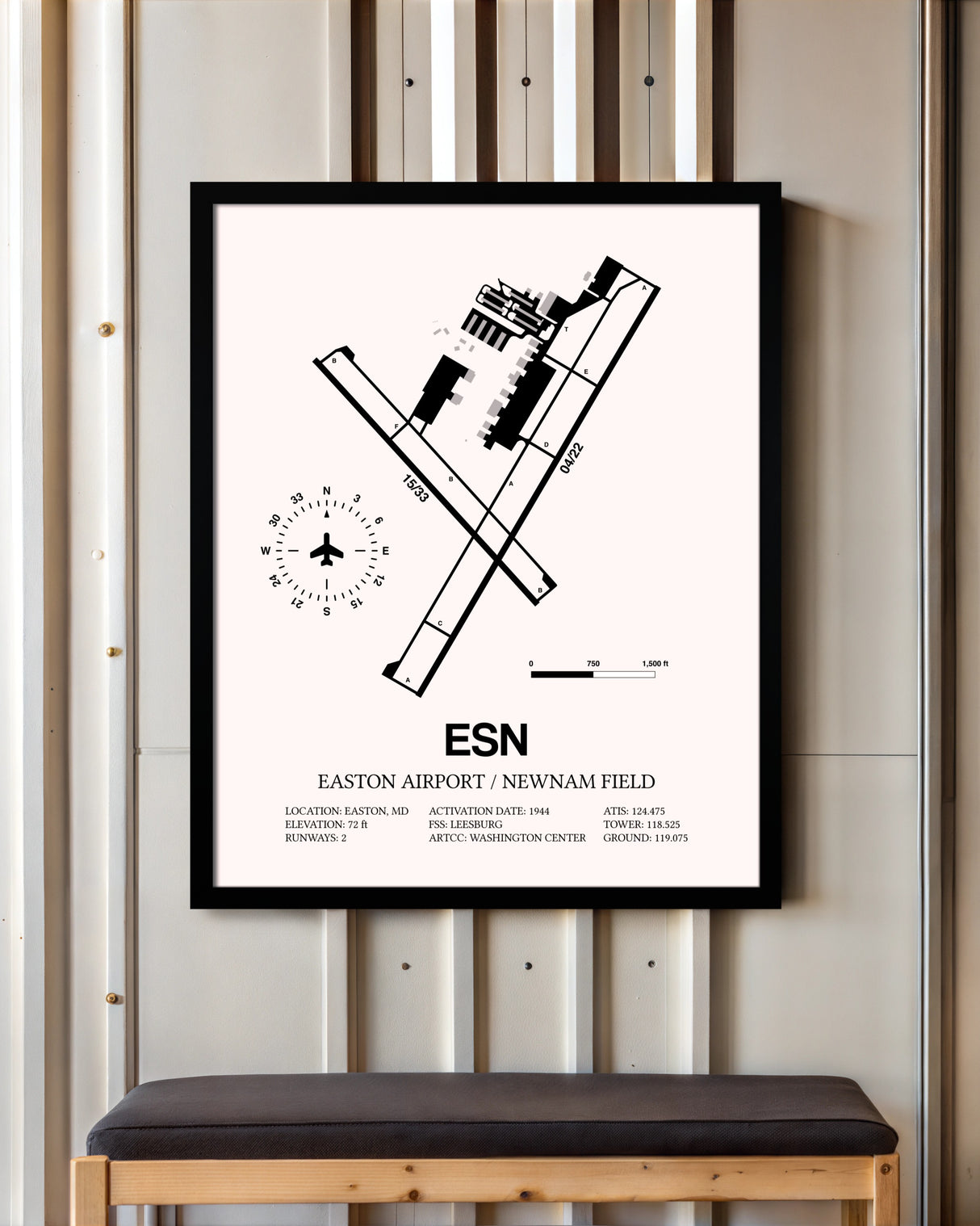 Easton Airport / Newnam Field framed poster displayed in an airplane hangar