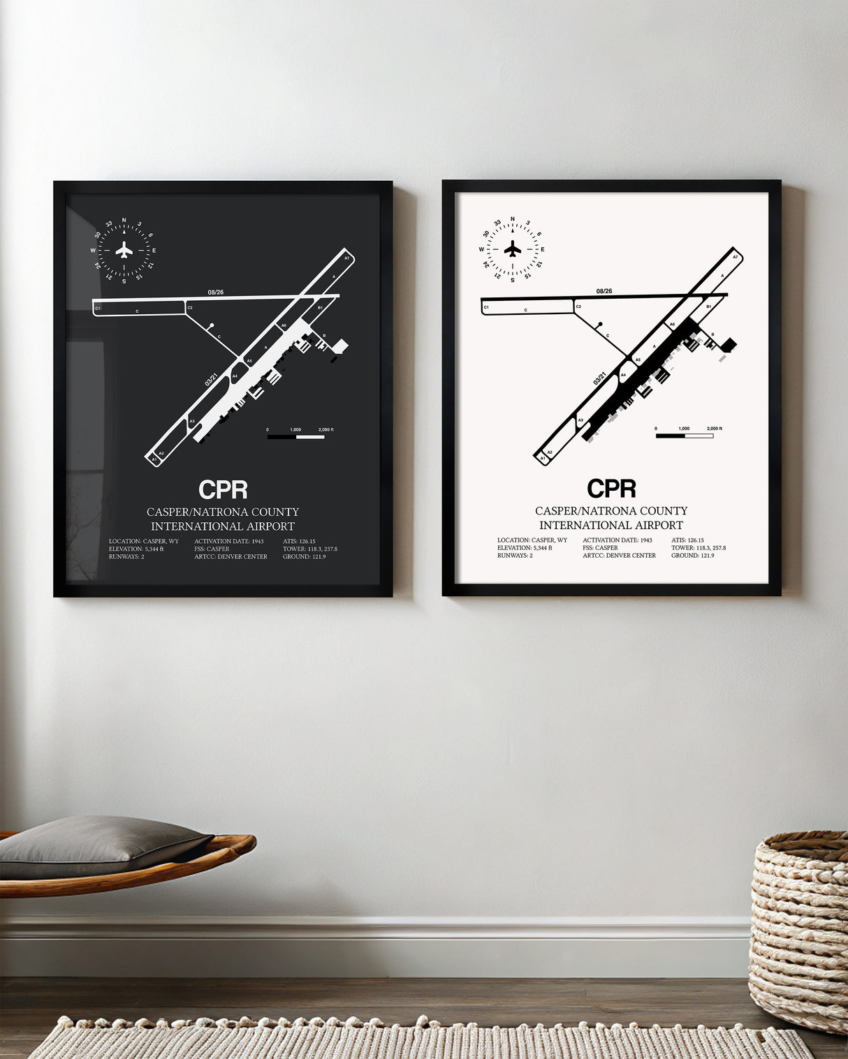 Framed Detailed Airport Map of Casper/Natrona County International Airport (CPR) in White and Gray