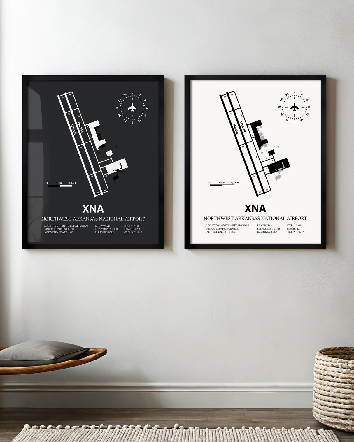 Framed Detailed Airport Map of Northwest Arkansas National Airport (XNA) in White and Gray