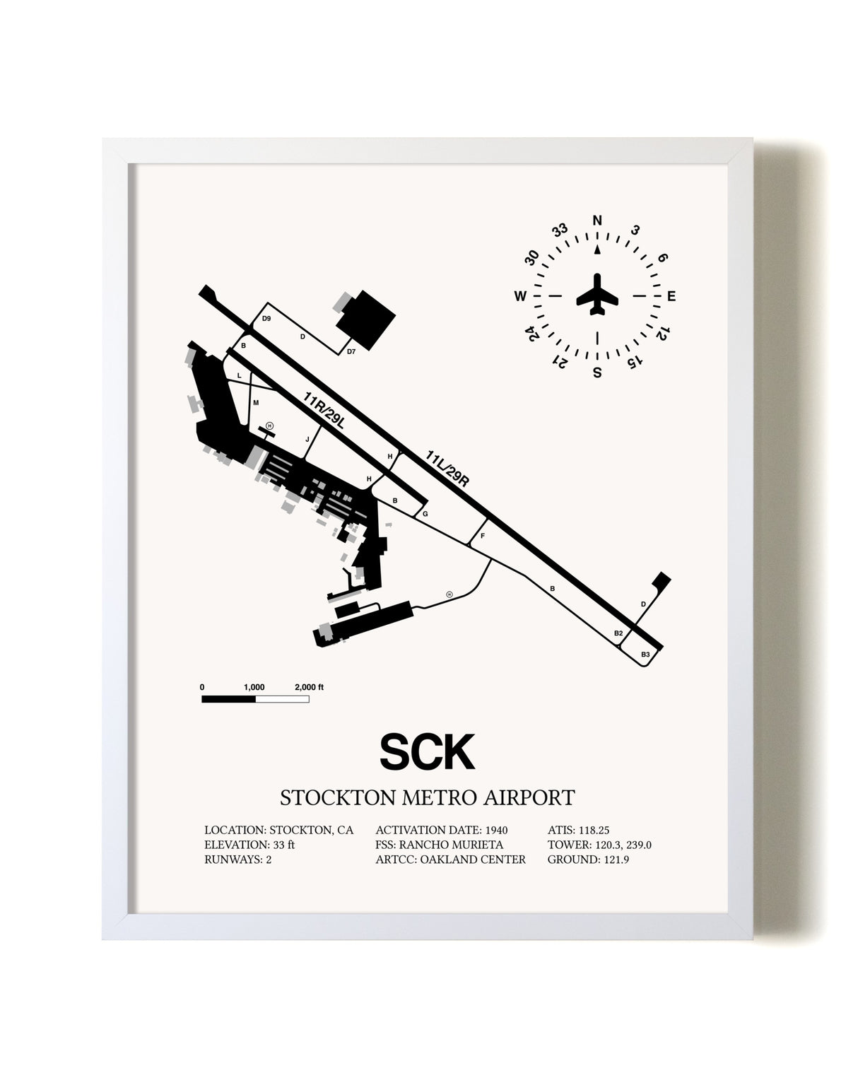 Stockton Metro Airport airport map poster in oak frame