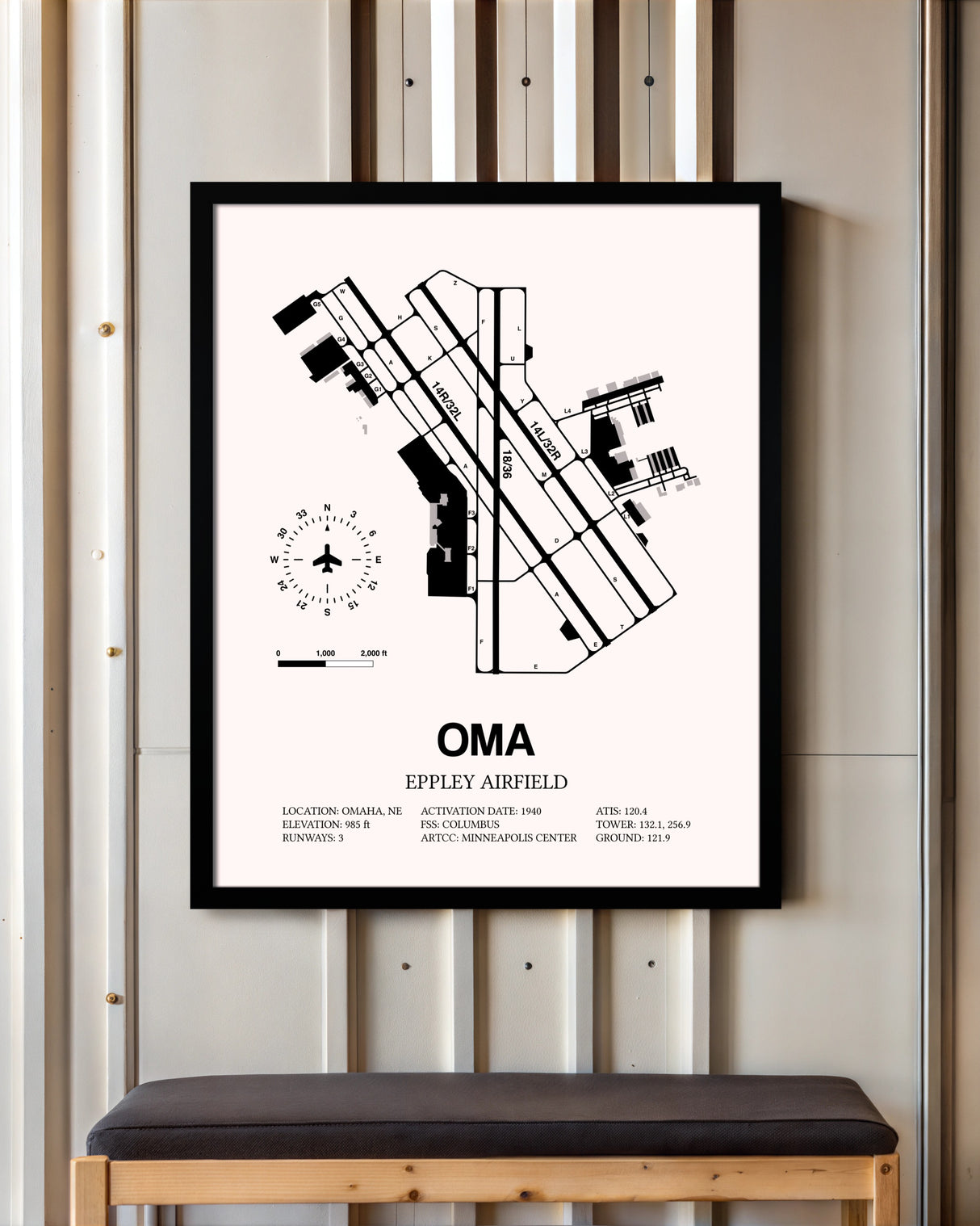 Eppley Airfield framed poster displayed in an airplane hangar