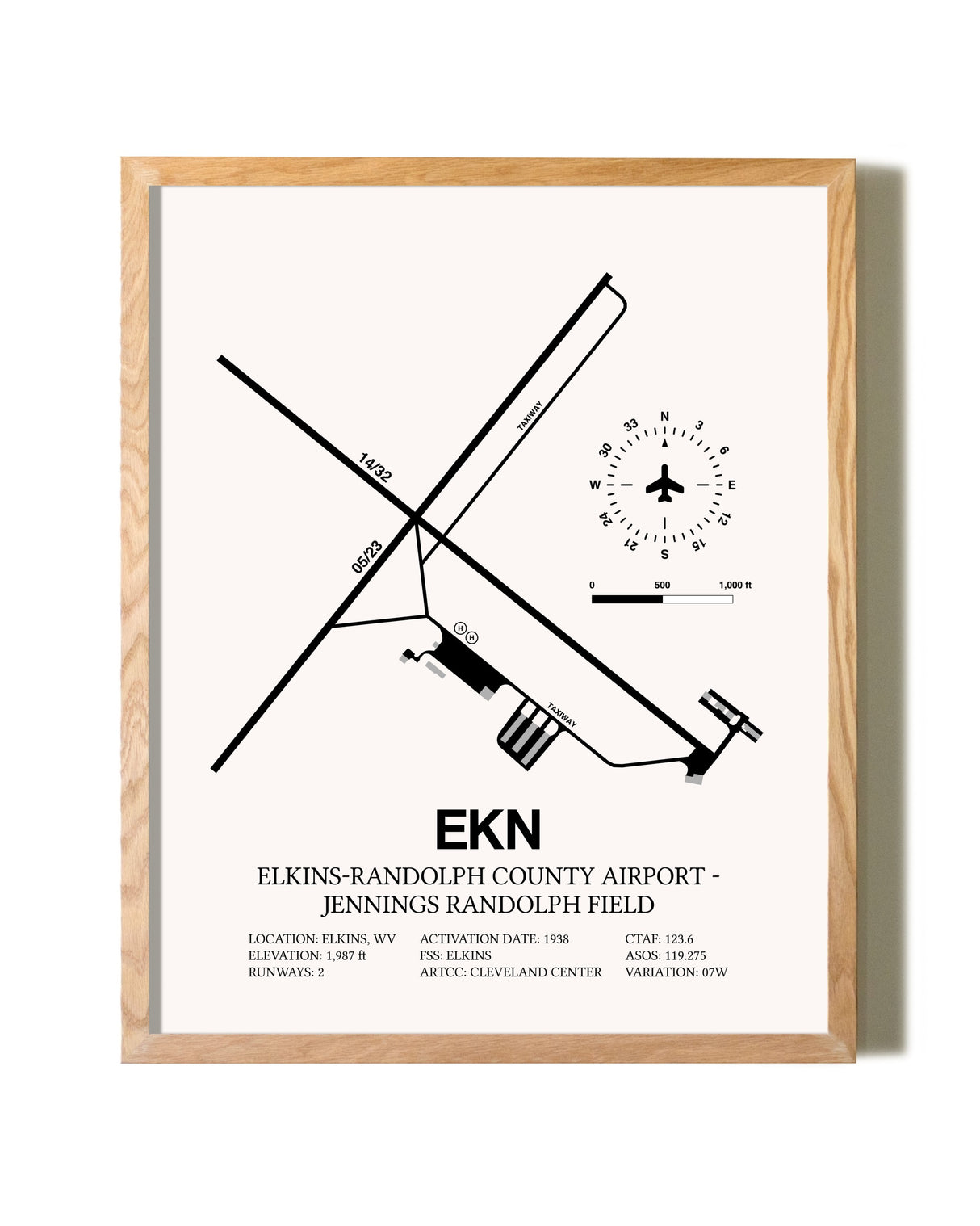 Elkins-Randolph County Airport-Jennings Randolph Field framed print in natural wood frame