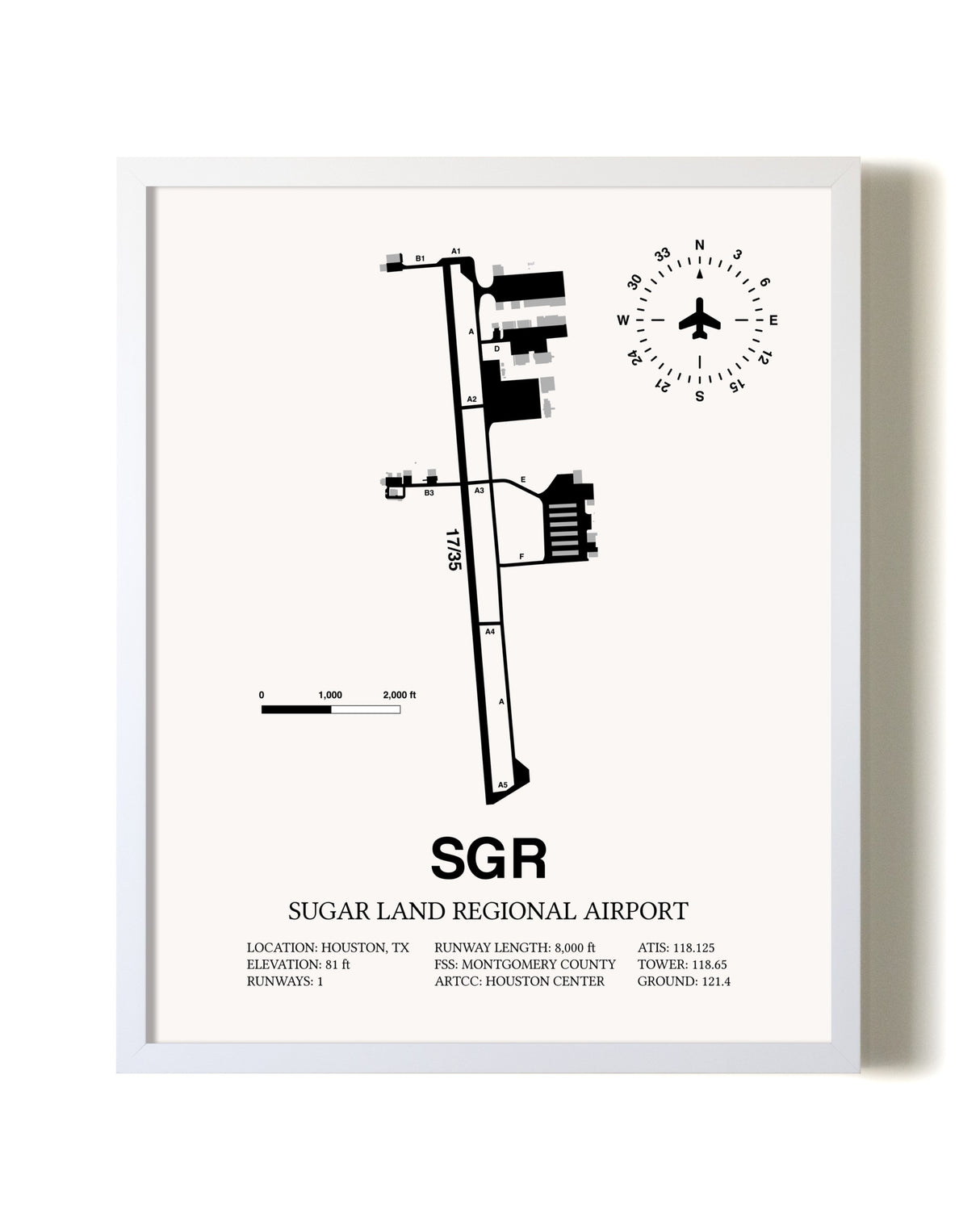 Sugar Land Regional Airport airport map poster in oak frame