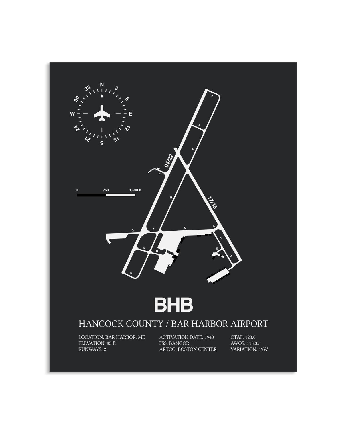 Gray Framed Hancock County / Bar Harbor Airport layout wall art poster