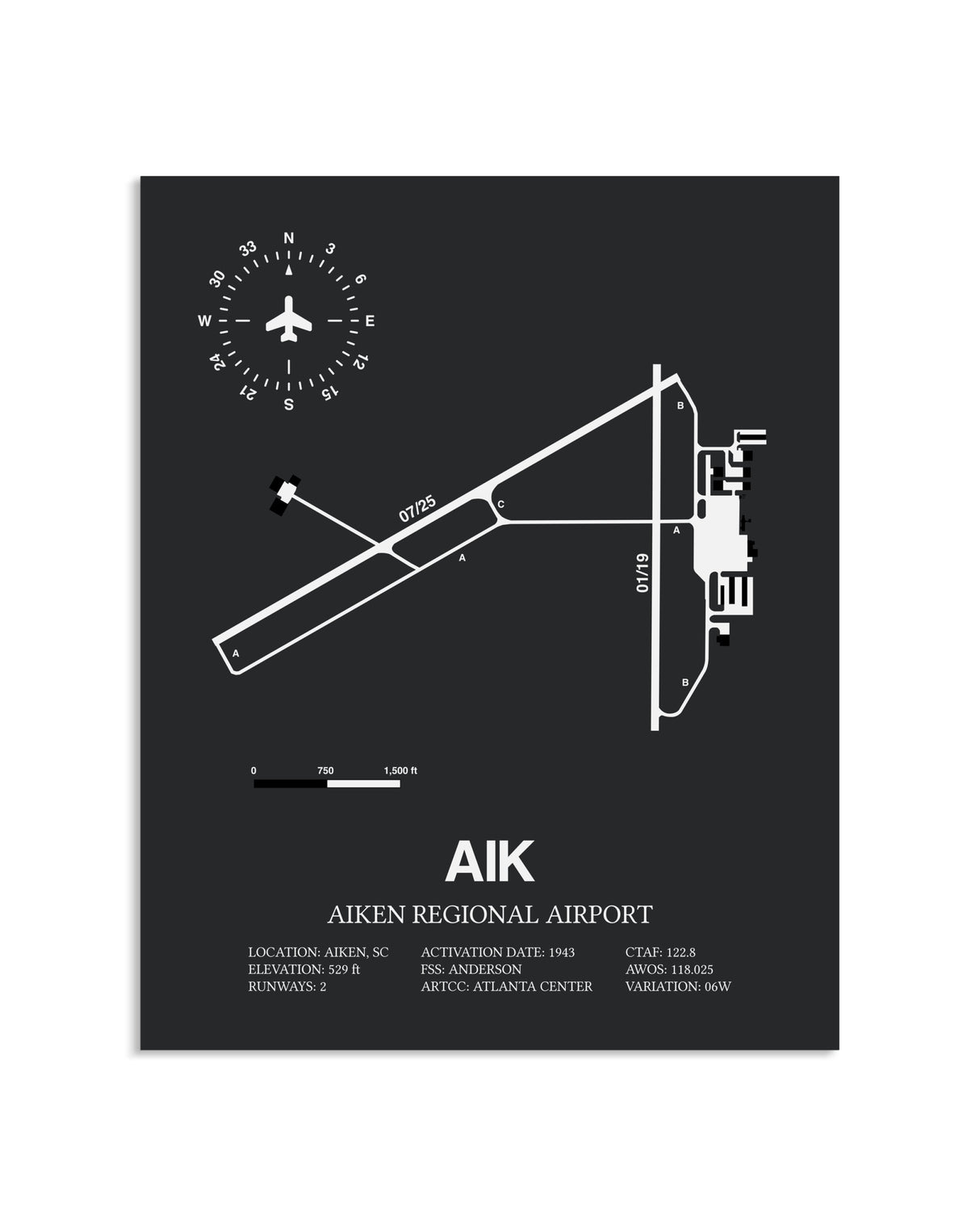 Gray Framed Aiken Regional Airport layout wall art poster