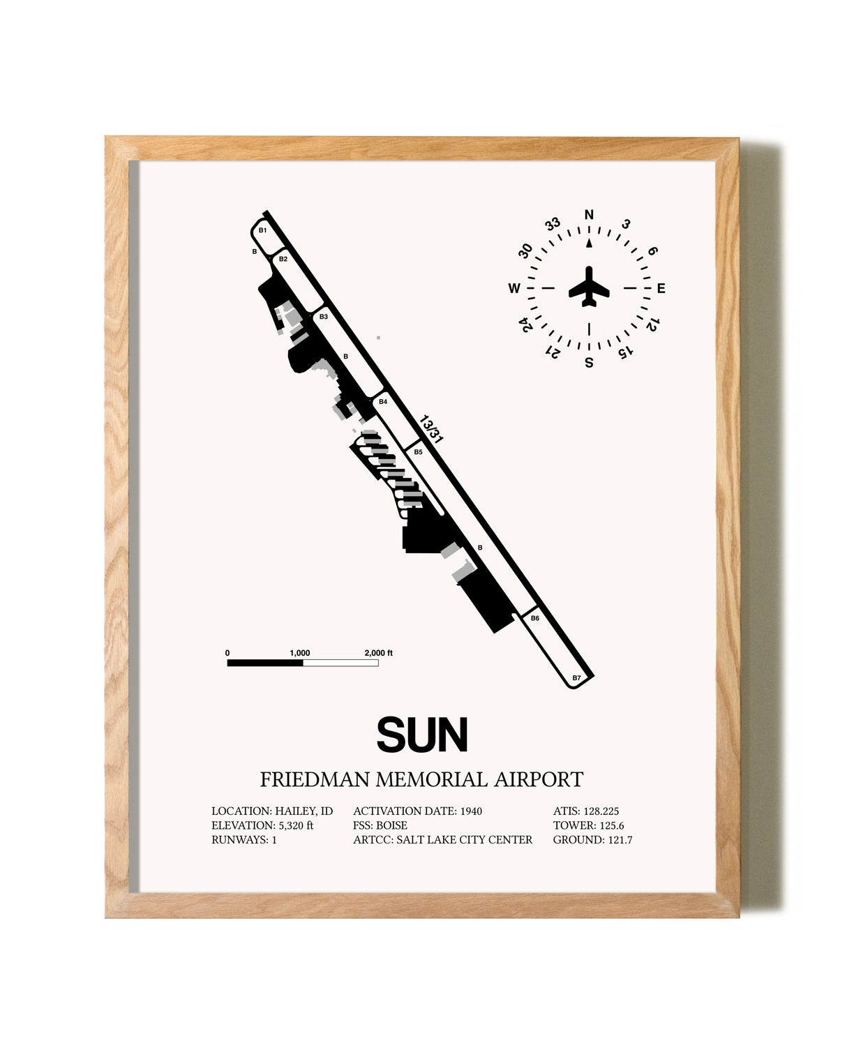 Friedman Memorial Airport framed print in natural wood frame