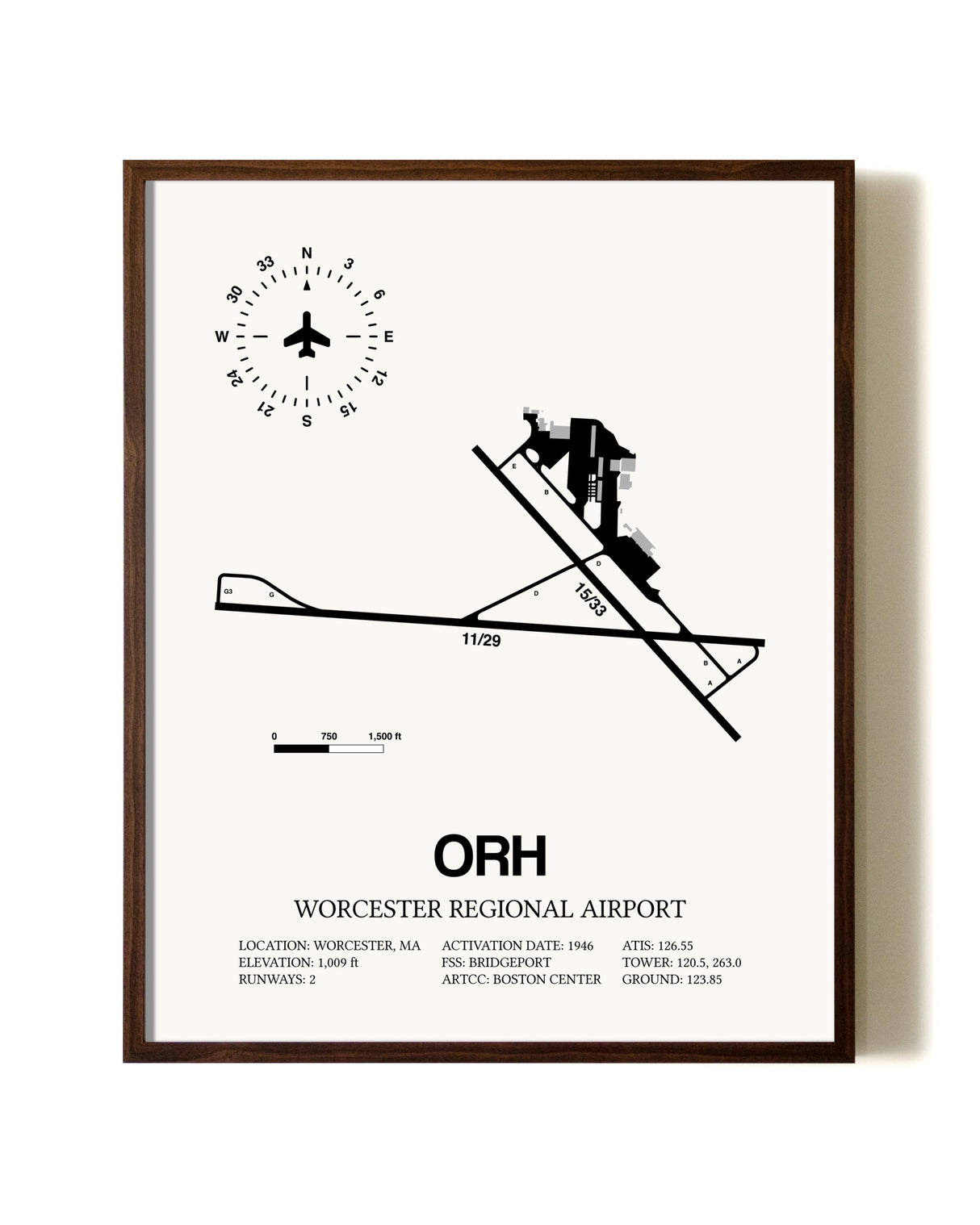 Worcester Regional Airport aviation print in walnut frame